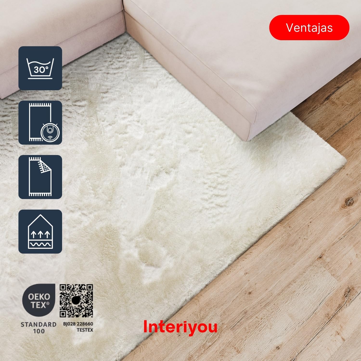 Interiyou Alfombra Salon Pelo Corto Fargo - 200x290 cm Crema - Felpa sintética esponjosa - Lavable y Antideslizante - Textura Suave Corta