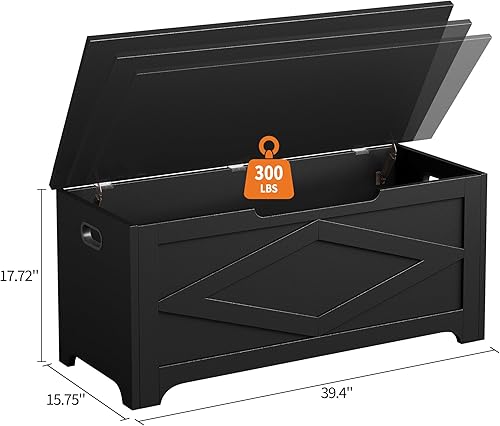 Vista 3 de GAOMON Baúl de almacenamiento, banco de almacenamiento con bisagra de seguridad, baúl de madera estilo granja para entrada, dormitorio, sala de Negro