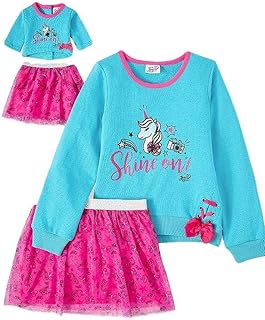 Girls JoJo Unicorn Shirt and Tutu Skirt with Doll Outfit Set 4Pc (6-6X) Blue