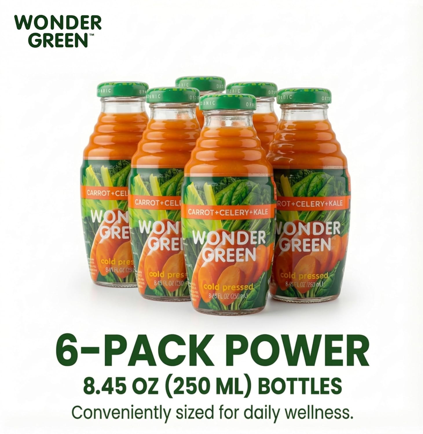 Wonder Green 100% Organic Carrot, Celery & Kale Cold Pressed Juice, 8.45 oz (6 Pack) | Vegetable Juice Blend, All Natural, No Additives or Preservatives, Not from Concentrate