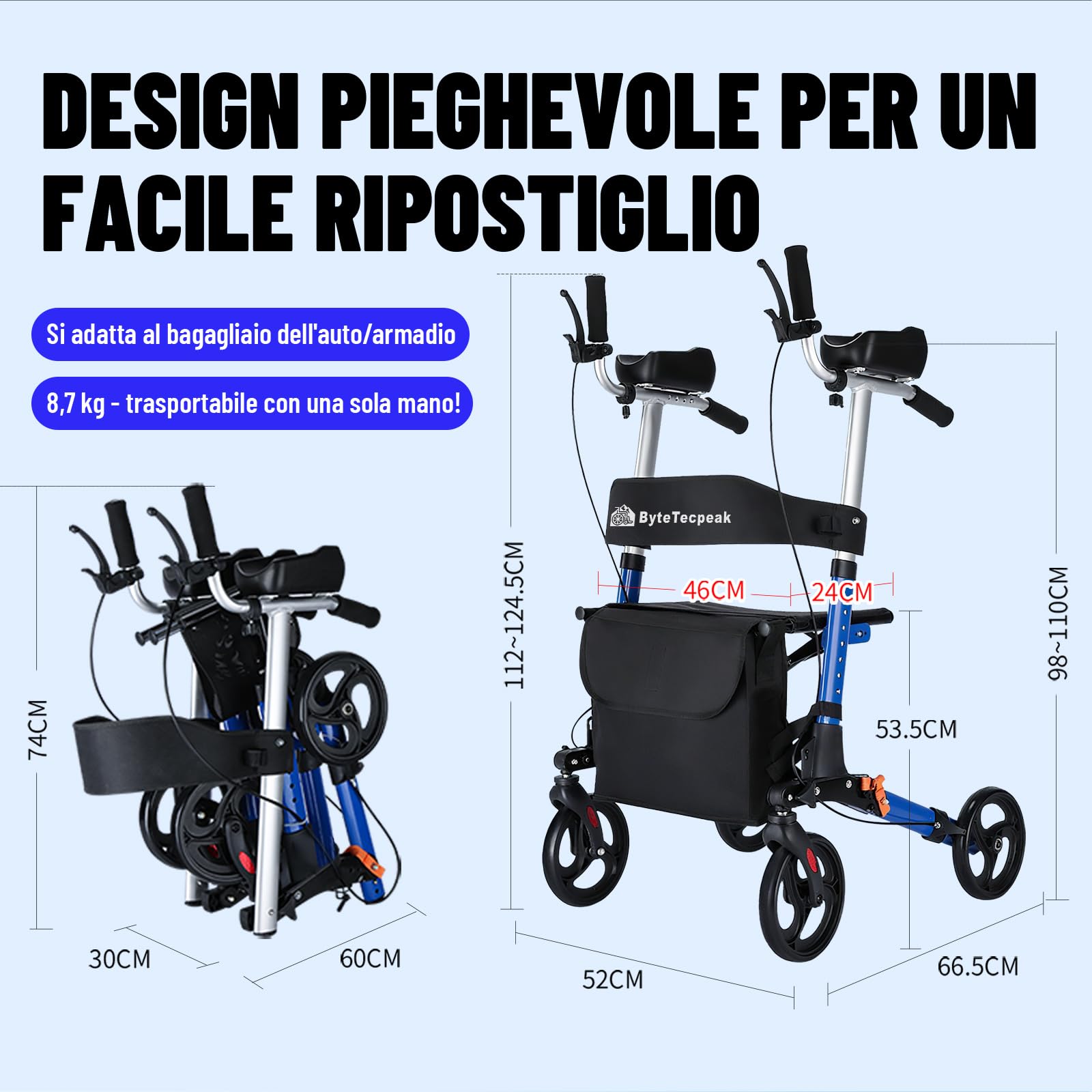R2 Deambulatori pieghevole e leggero con sedile, Deambulatori sottile per appartamento, Deambulatori per anziani, pieghevole, dotato di supporti regolabili per avambracci, portata fino a 150KG