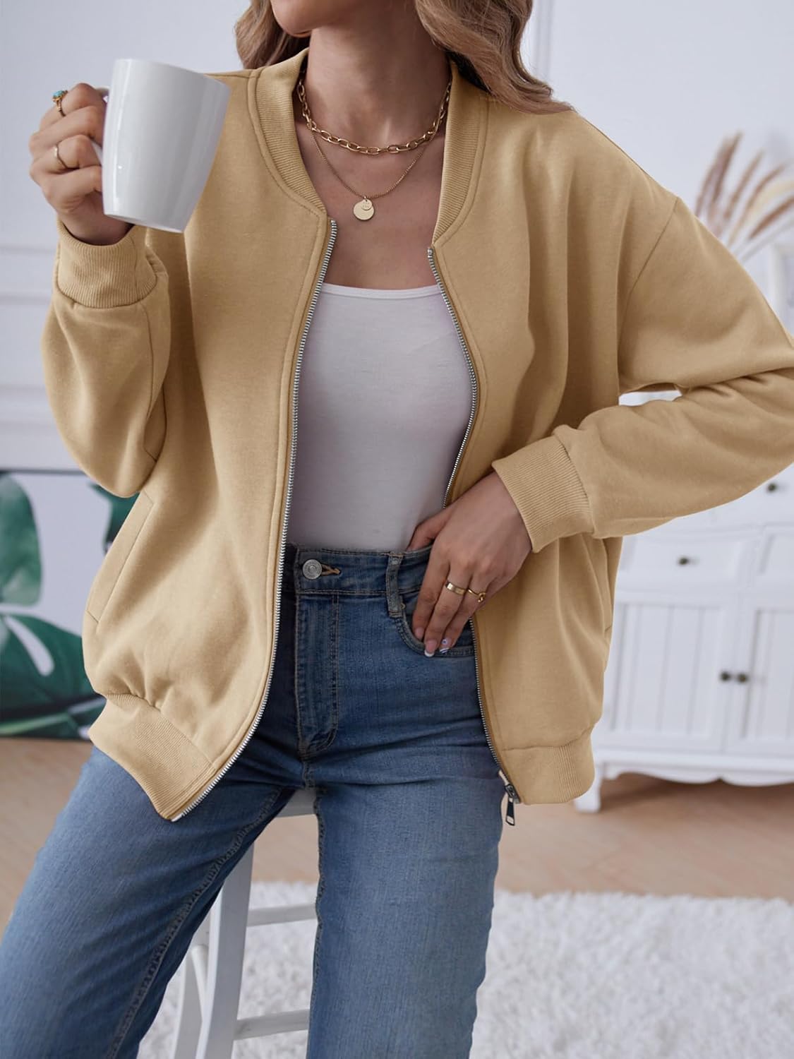 MEROKEETY Womens Long Sleeve Zip Up Sweatshirts Jackets Casual Loose Outwear with Pockets - Image 2