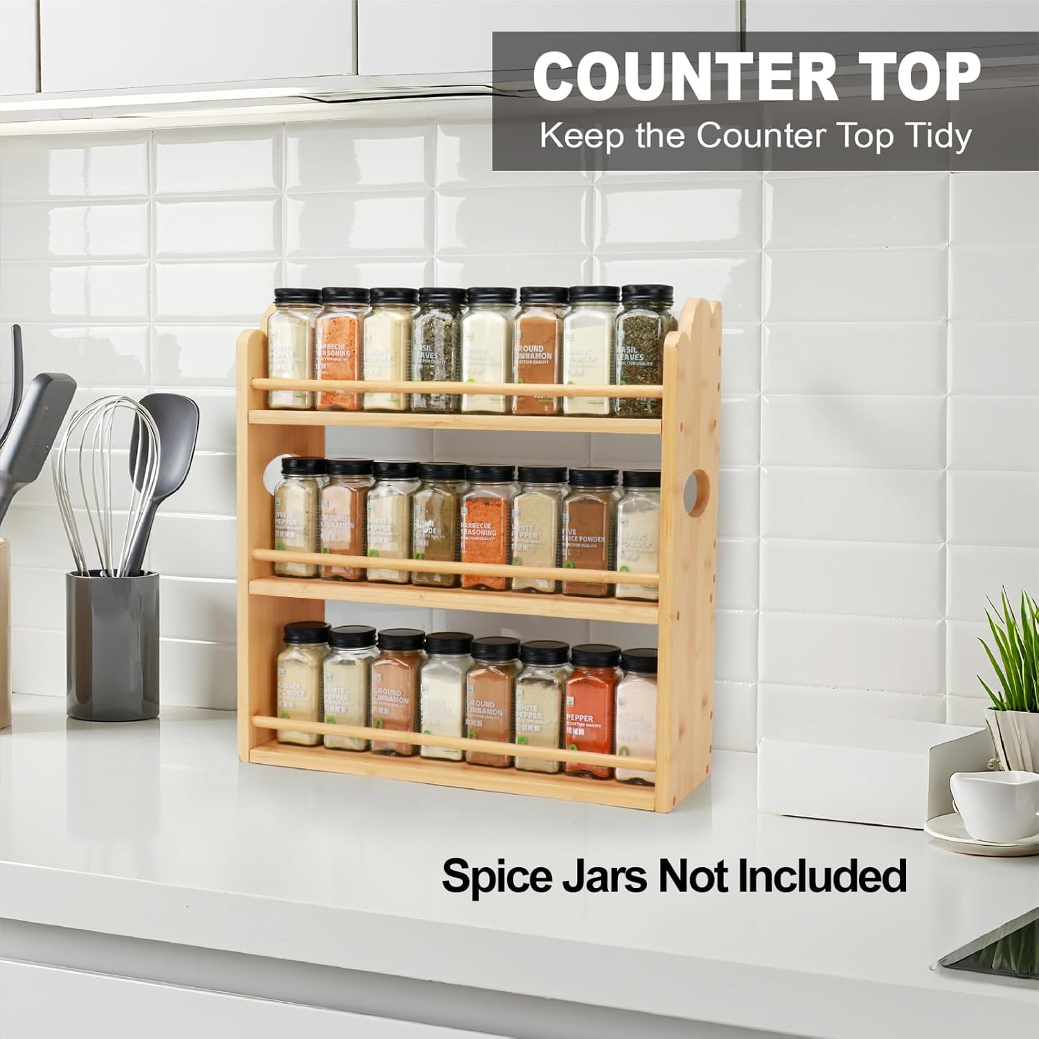 3 Tier Bamboo Spice Rack, Spice Rack Organizer, Seasoning Jars Rack Shelf Spice Organizer for Kitchen Counter or Wall Mounting, Spice Storage Holder with handles, Jars Not Included,Natural - Image 3