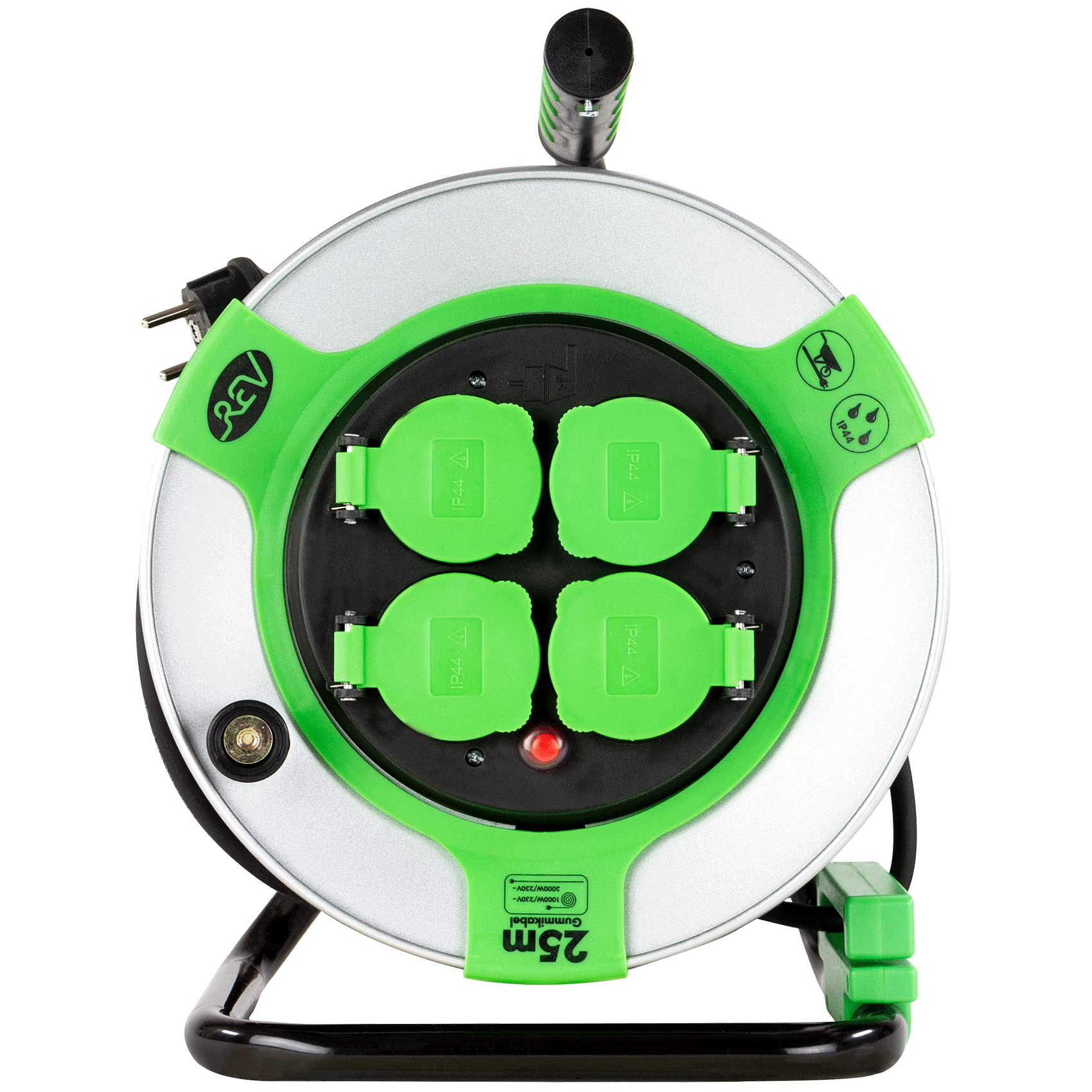 Rev Carrete de Cable EX, 25 m, H05RR, IP44, 3000 W, con Contacto abrasivo, Rollo de Cable para Exteriores, 4 enchufes, Color Verde