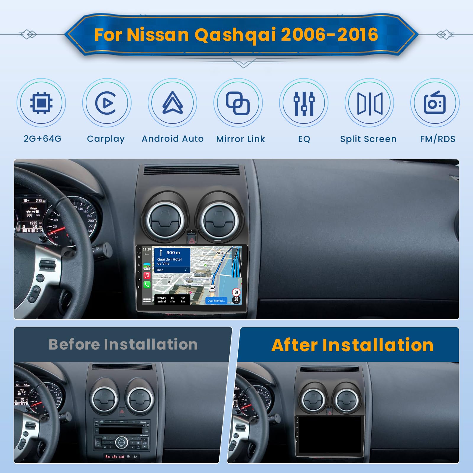 Inefala Android 15 Autoradio für Nissan Qashqai J10 2006-2016 mit Wireless CarPlay Android Auto 2+64G,9 Zoll Bildschirm Unterstützung DSP 28UI FM RDS GPS Bluetooth WiFi SWC AHD Rückfahrkamera