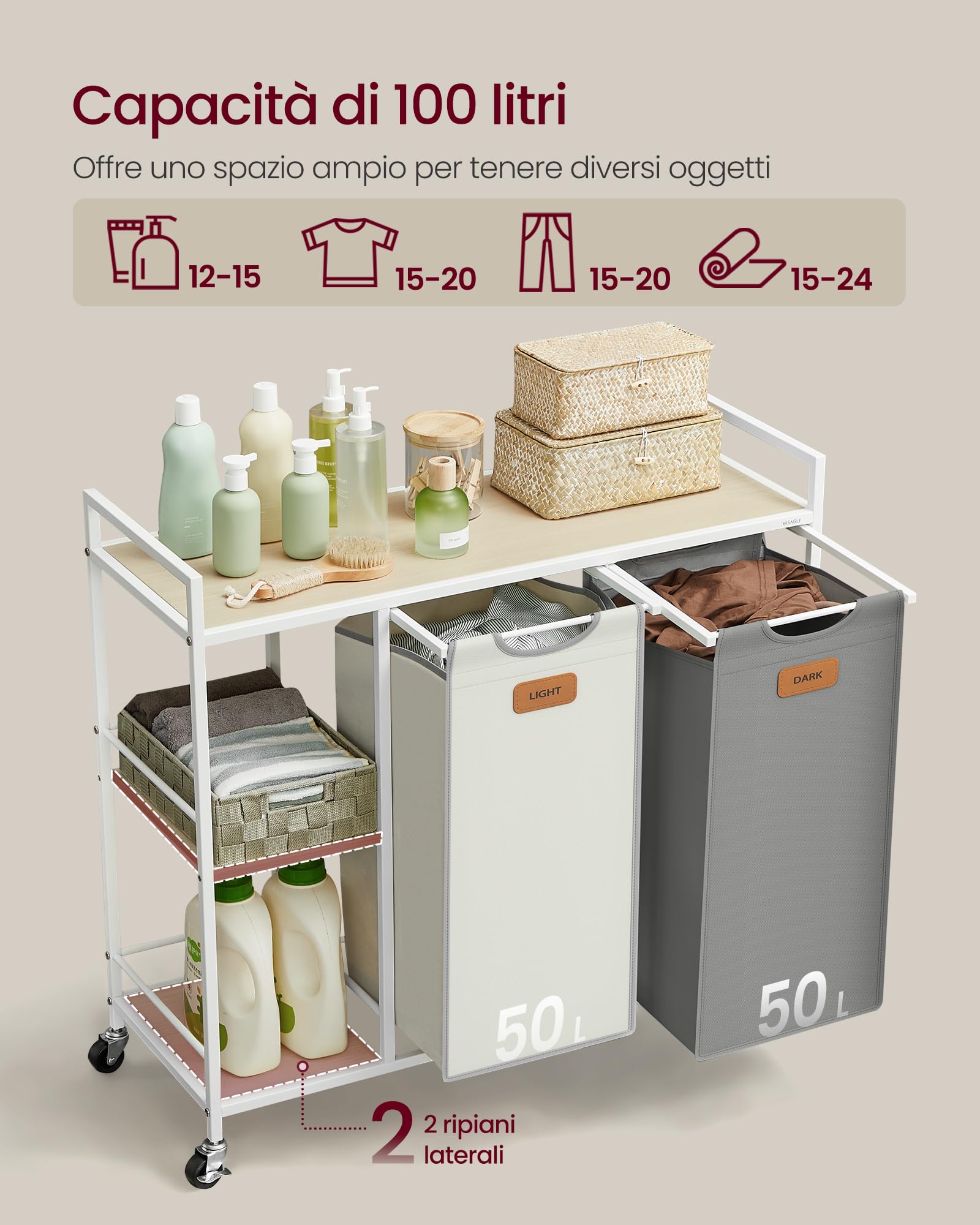 VASAGLE Cesto Portabiancheria a 2 Scomparti, 100 L, Sacchi Rimovibili | Carrello per Biancheria, con Ripiani, 6 Etichette, Beige Naturale, Grigio Tortora, Bianco Crema, Collezione STEVIE BLH311G01