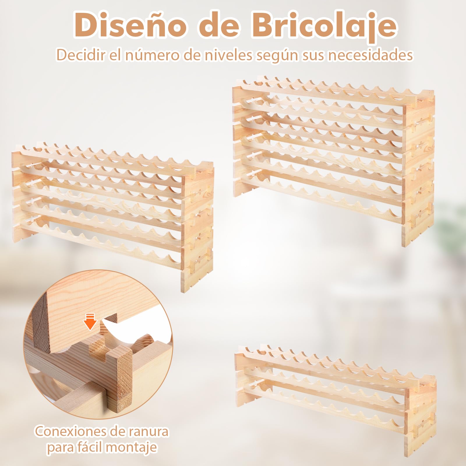 GOPLUS Botellero Vino de Pino para 72 Botellas, Botellero Apilable de Madera con 6 Niveles, Estantería de Vino, para Cocina Hogar Bar, Gran Espacio (72)