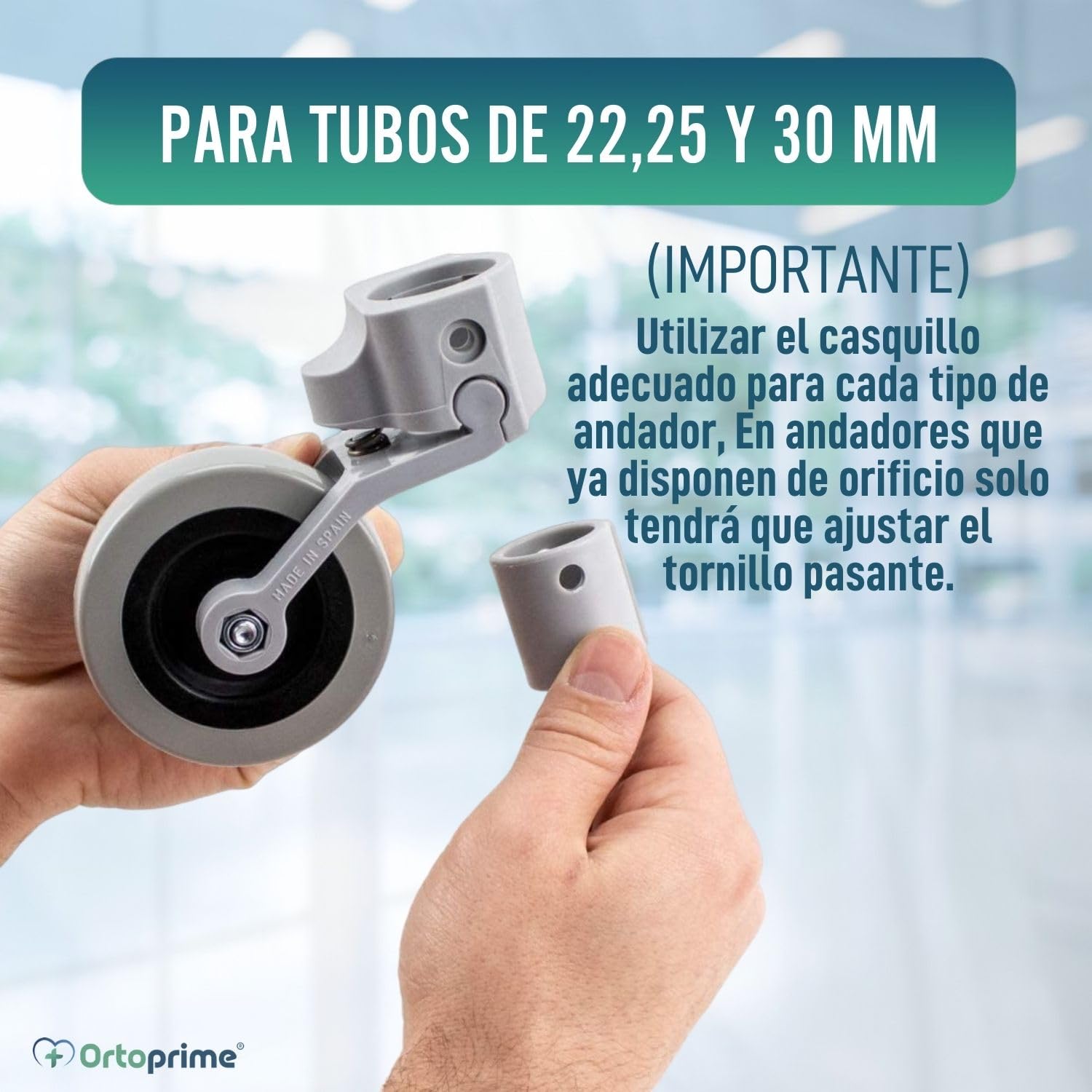 OrtoPrime Kit x2 RUEDAS Andadores Ancianos - Ruedas Traseras Adaptables a Andadores de Adultos - Casquillos Compatibles Tubo de 30mm 25mm y 22mm - Freno a la Carga por Presión y Fácil Instalación