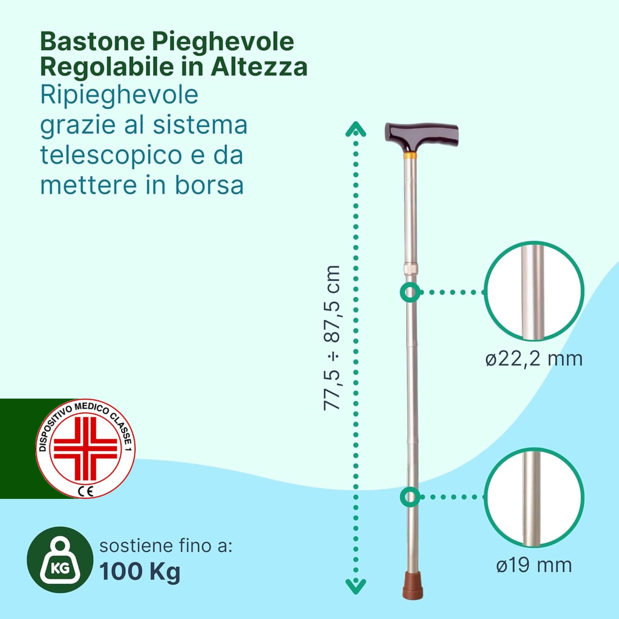 Bastone per Anziani Pieghevole in Alluminio Anodizzato con Impugnatura in Legno, Bastone da Passeggio Regolabile H. 77,5-87,5 cm - Bronzo