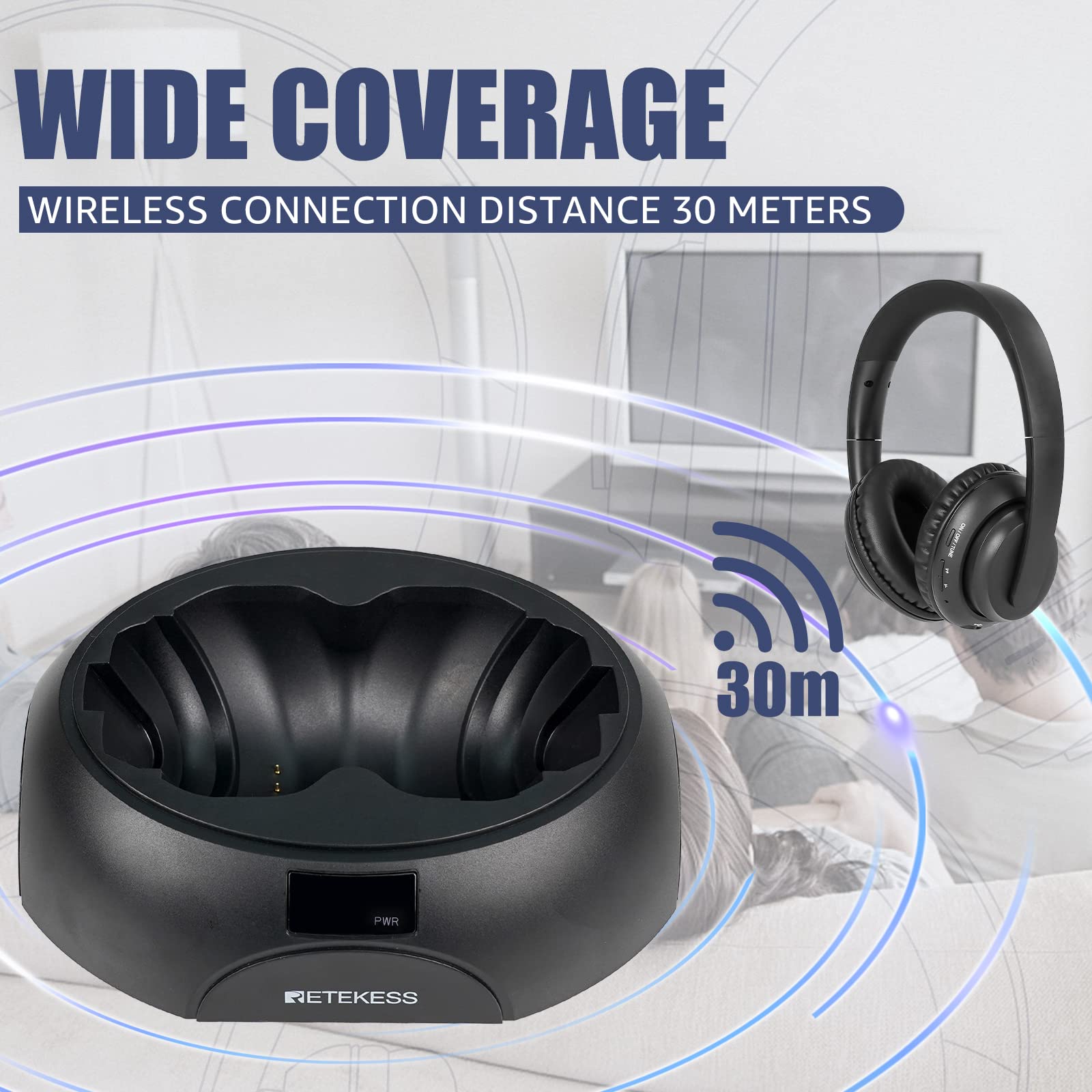 Retekess TA006 Bezprzewodowe Słuchawki, Słuchawki Telewizyjne | do Telewizora, z Ekranem, Zasięg 30m, Bateria 8h, Wejście RCA, Kabel Koncentryczny, Linia Audio