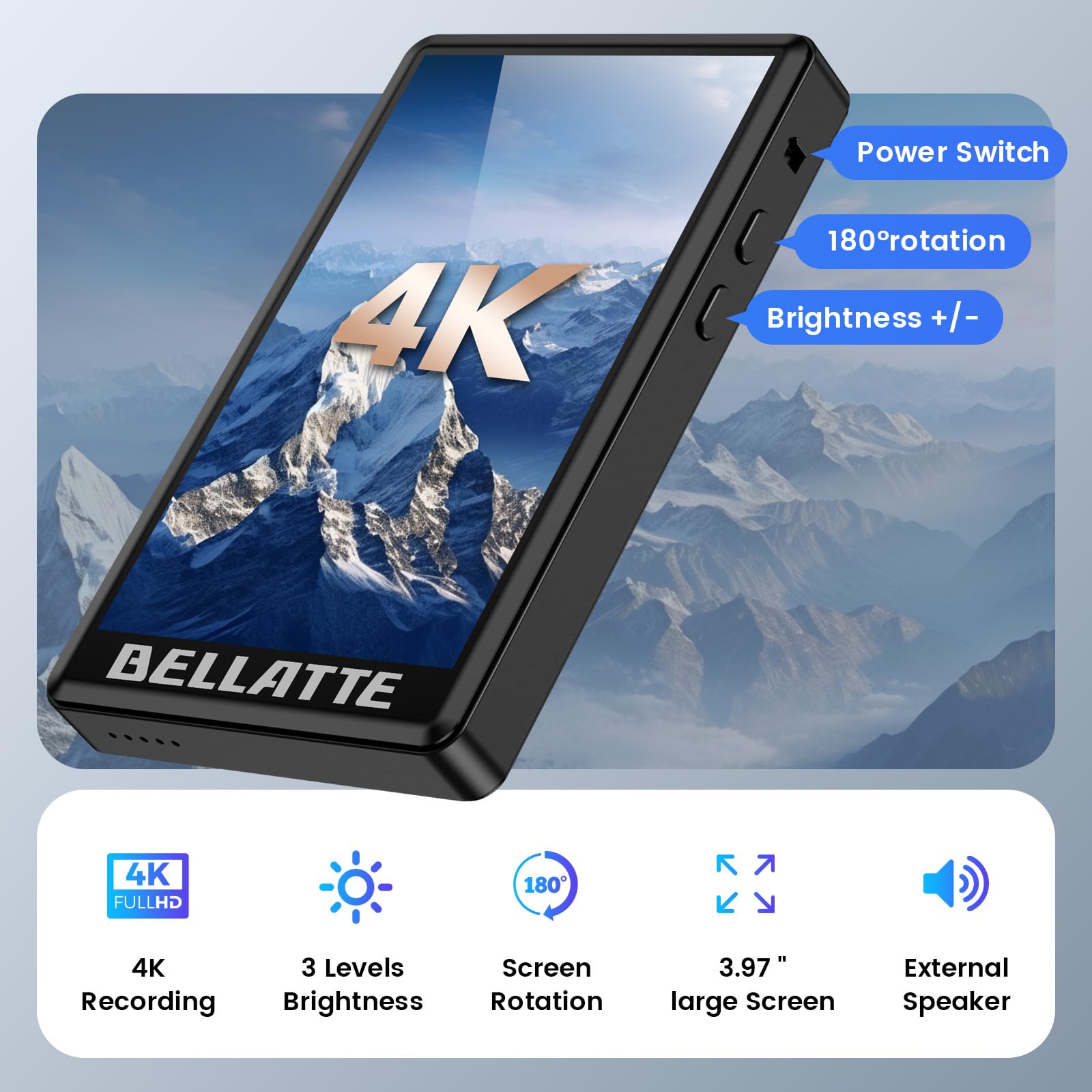 Vlog Selfie Monitor Schermo per iPhone & Android, Registrazione 4K 30fps, mirroring dello Schermo Wireless, Altoparlante Integrato, Supporto Magnetico e Telecomando per Vlogging, Live