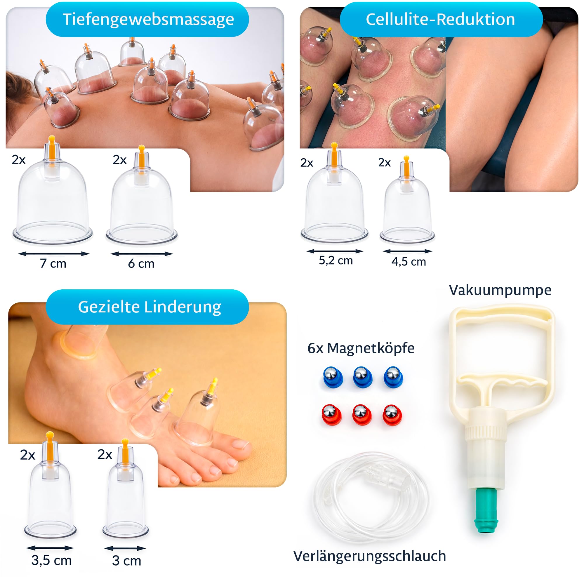 Schröpfgläser Set mit Vakuumpumpe 12 Stück - Schröpfset mit 6 Therapiemagneten - für Gesicht und Körper zur Gegen Cellulite, Spannung und Entspannen Muskeln