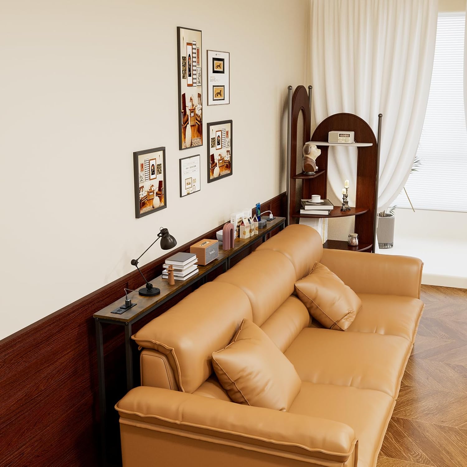 Aduanbang 5.9" Console Table with Outlet – Narrow Sofa Table, Behind Couch Table for Living Room & Hallway, 5.9" x 39.4" x 30", Metal Frame, Rustic Brown