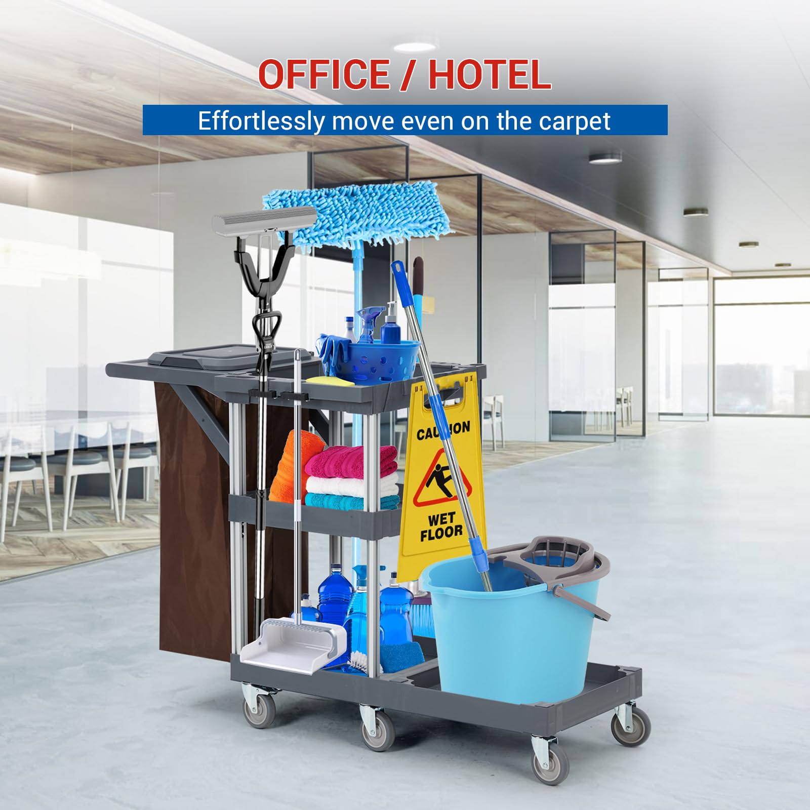 Chariot de Nettoyage,Chariot de Menage à 6 Roues avec Housse et Sac en Tissu Polaire,Capacité de Charge jusqu'à 136 kg Dimensions 95 cm (P) x 49 cm (L) x 22 cm (H).