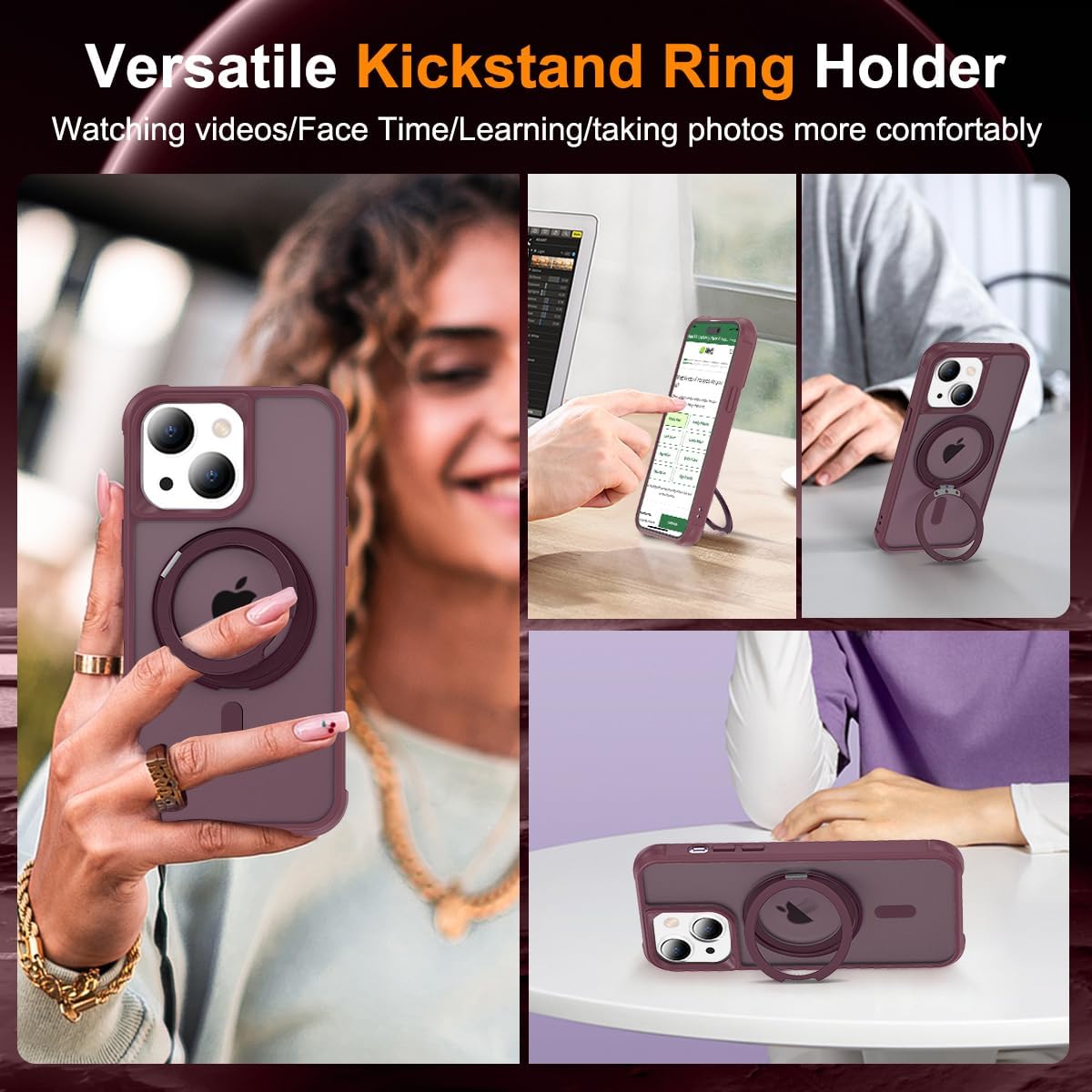 for iPhone 13/14 Case 6.1 Inches 360°Rotatable Magnetic Ring Invisible Stand,[Compatible with Mag-Safe] Military Shockproof Frosted Translucent Case,Wine Red