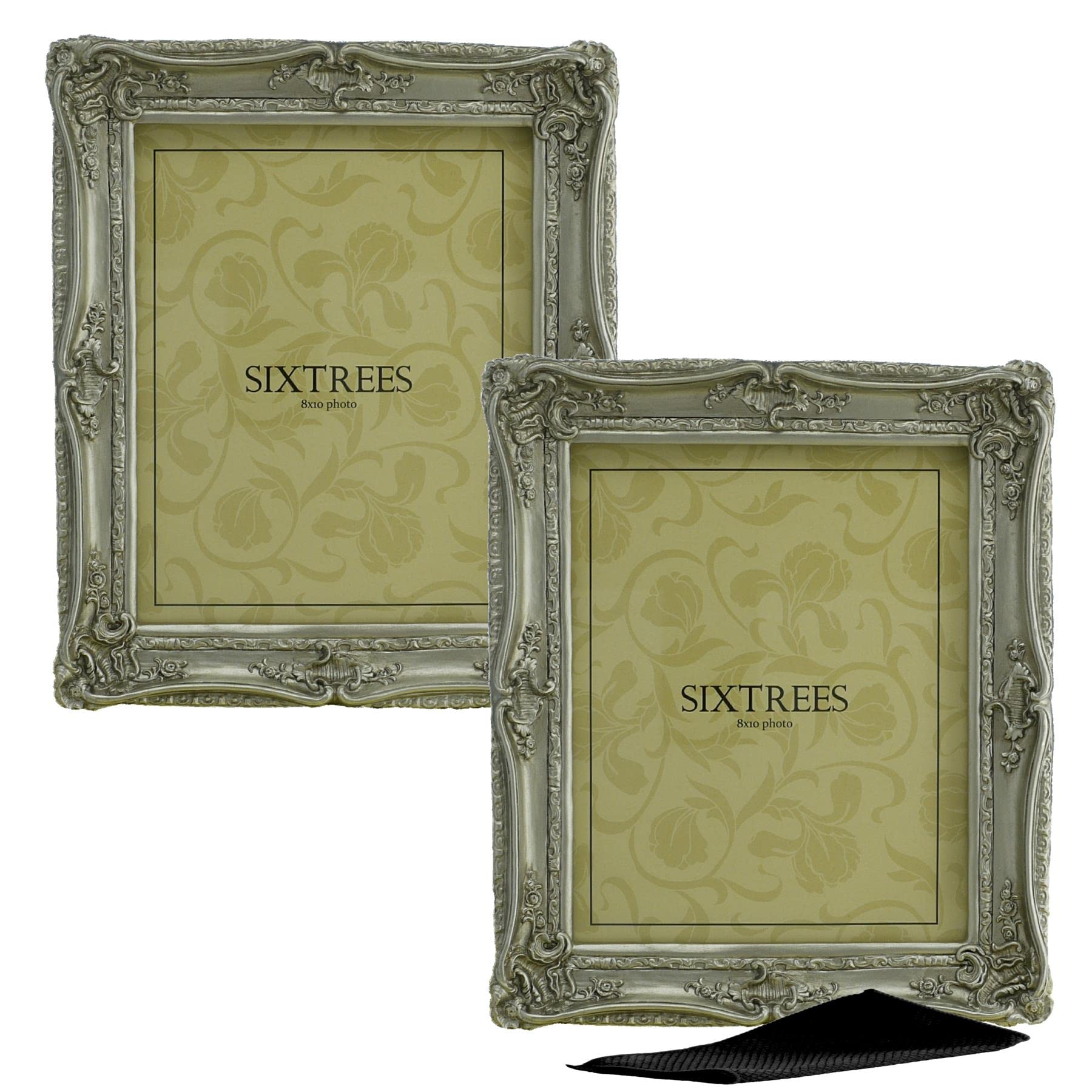 A Twinpack of Sixtrees Chelsea 5-255-80 Ornate Vintage Swept Shabby Chic Silver 10x8 inch Photo frames - with Microfibre glass cleaning cloth.