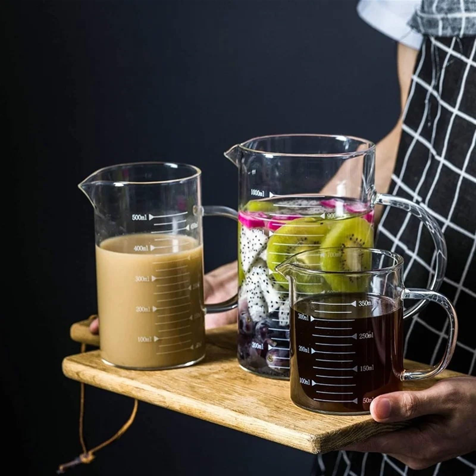 Vaso de vidrio transparente con mango y escala, vaso de vidrio de borosilicato con escala alta(1000ml)