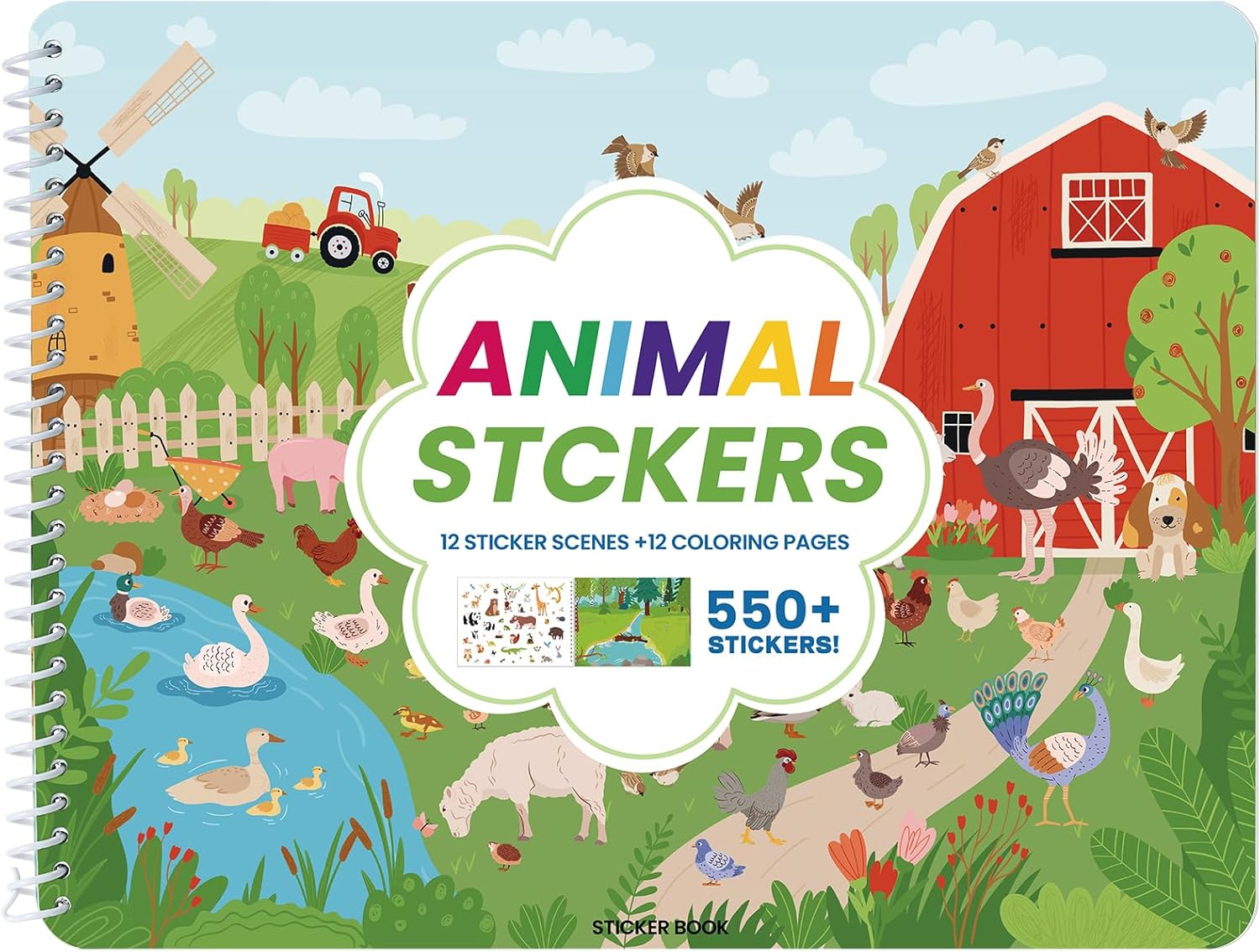 Sticker Book with 550+ Kids Stickers, Animal Stickers/Coloring Book for Toddlers, Side-by-Side Design, 12 Unique Scenes for Children Ages 2-8 - Perfect Birthday, Easter, Christmas & All-Occasion Gifts