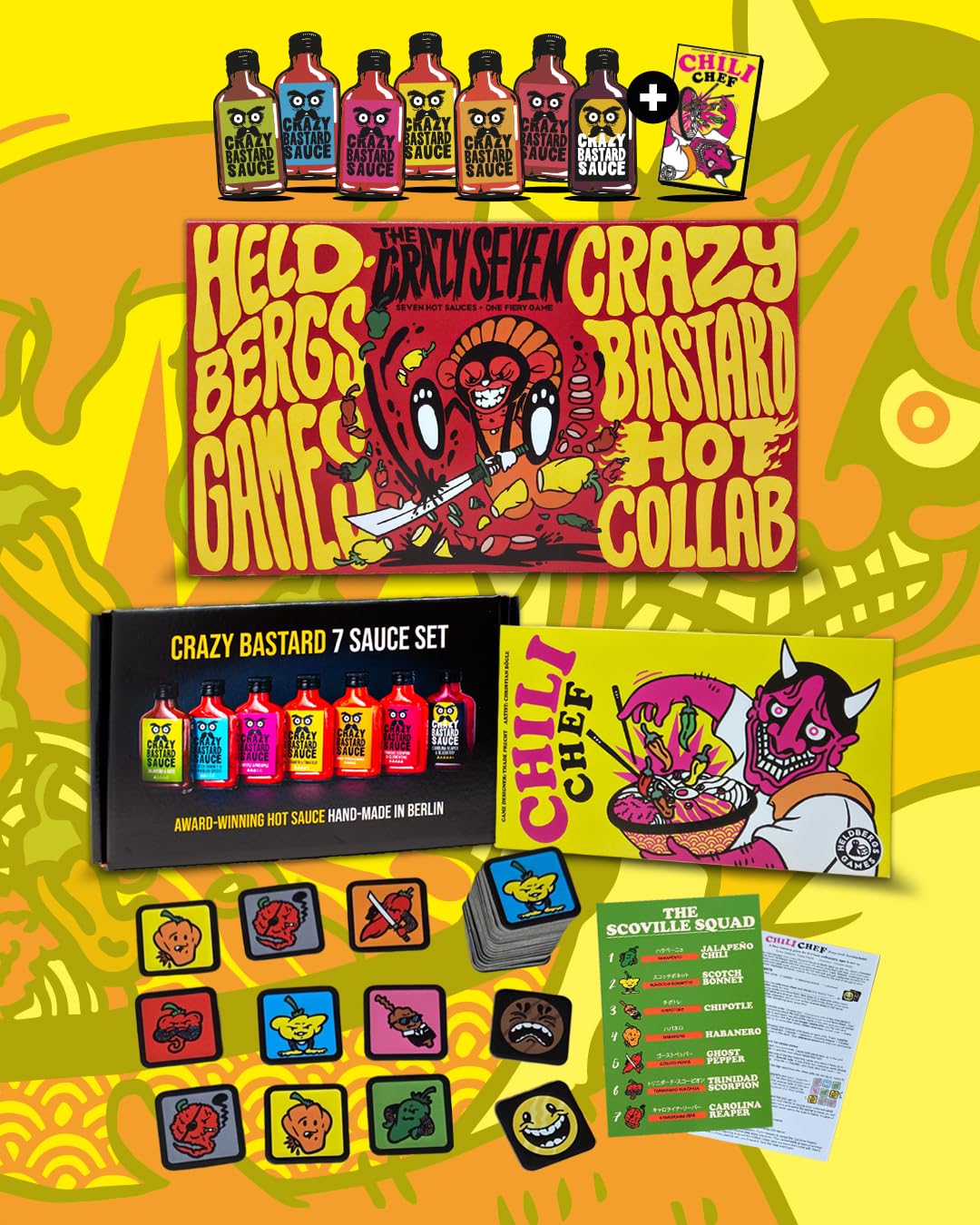 Crazy B Sauce - THE CRAZY SEVEN - 7 HOT SAUCE FUN PACK (7 x 100ml Flasche) - Game Geschenkset für Griller und Chili-Fans