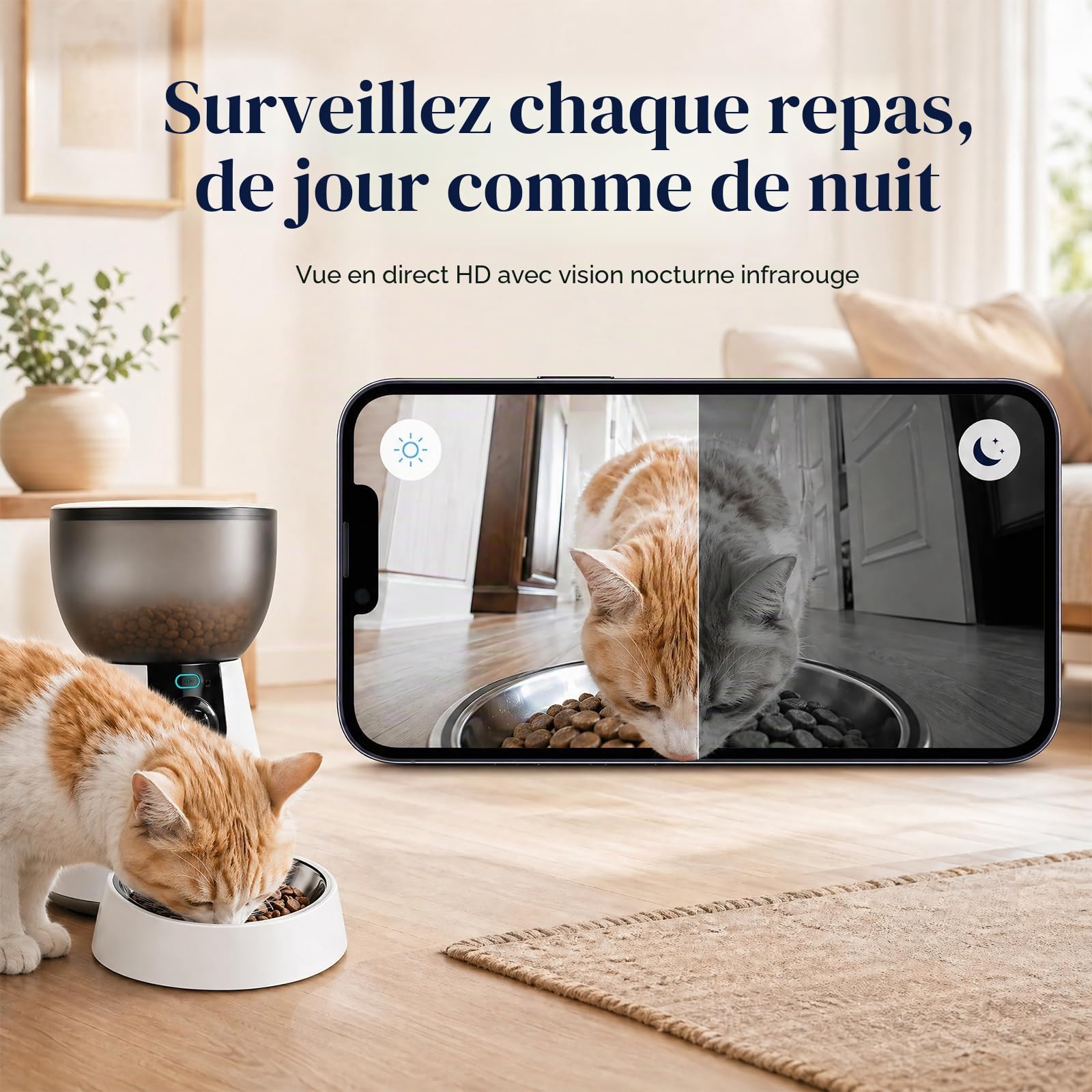 Podazz Distributeur Croquettes Chat Automatique avec Caméra 1080P, 2.4G/5G WiFi Gamelle Chat Automatique Contrôle Via App, Vision Nocturne, Audio Deux Voies, Bol INOX, Jusqu'à 10 Repas/Jour