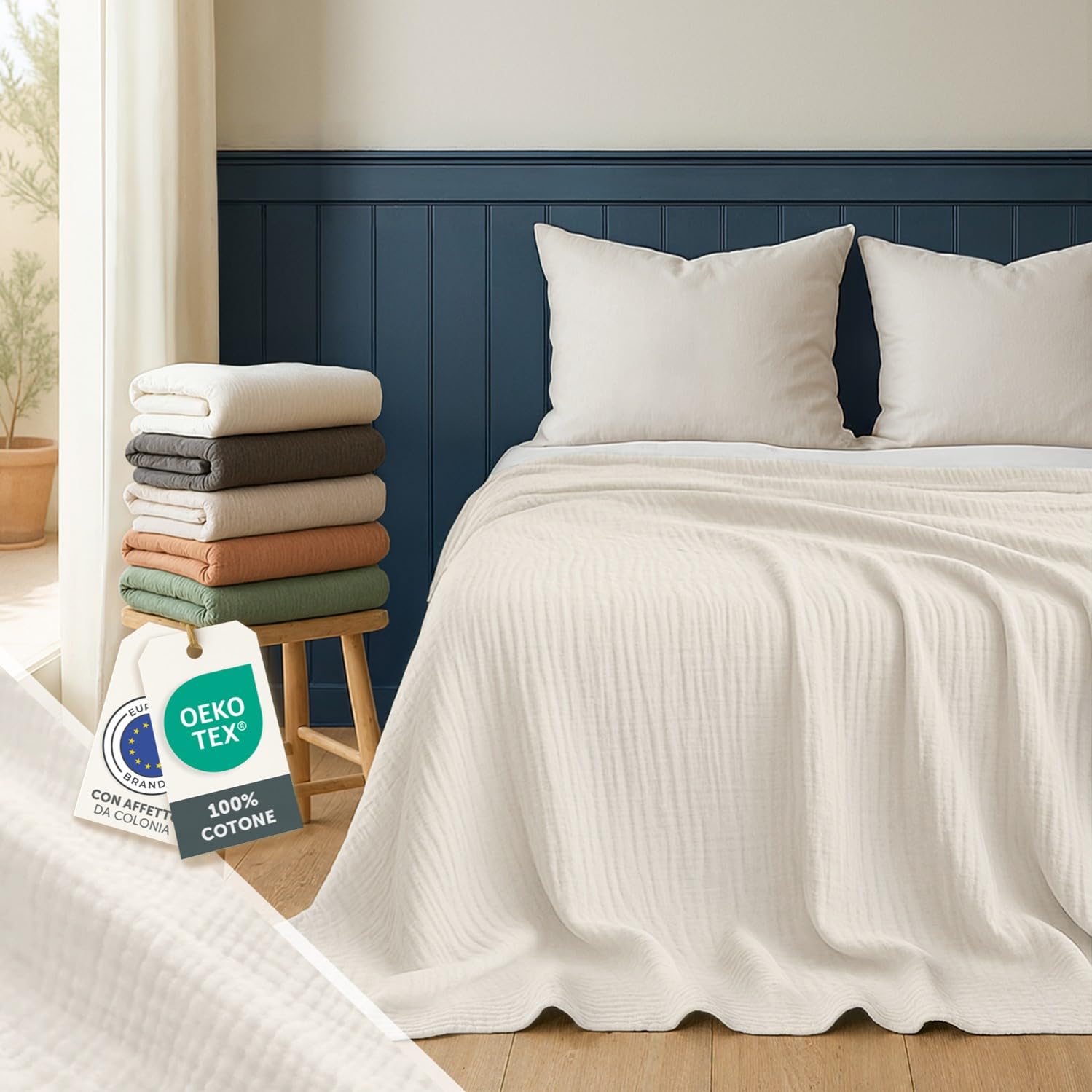 Blumtal Coperta Mussola Matrimoniale 150x200 cm - Certificata OEKO-TEX - Cotone Estivo 100% - Telo Copridivano - Avorio