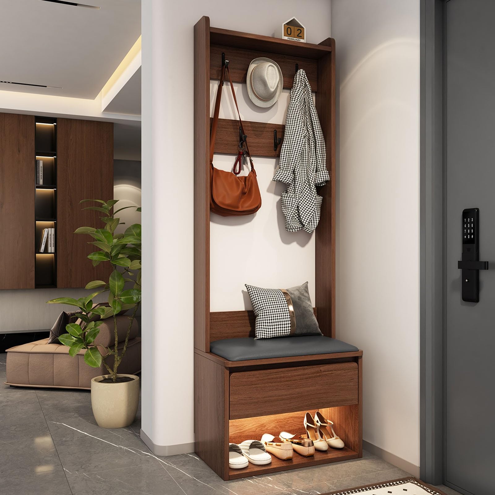 Wooden Garment Rack with Bench Shoe Storage 3-in-1 Entryway Coat Rack with Hooks Sturdy Hanging Racks for Clothes
