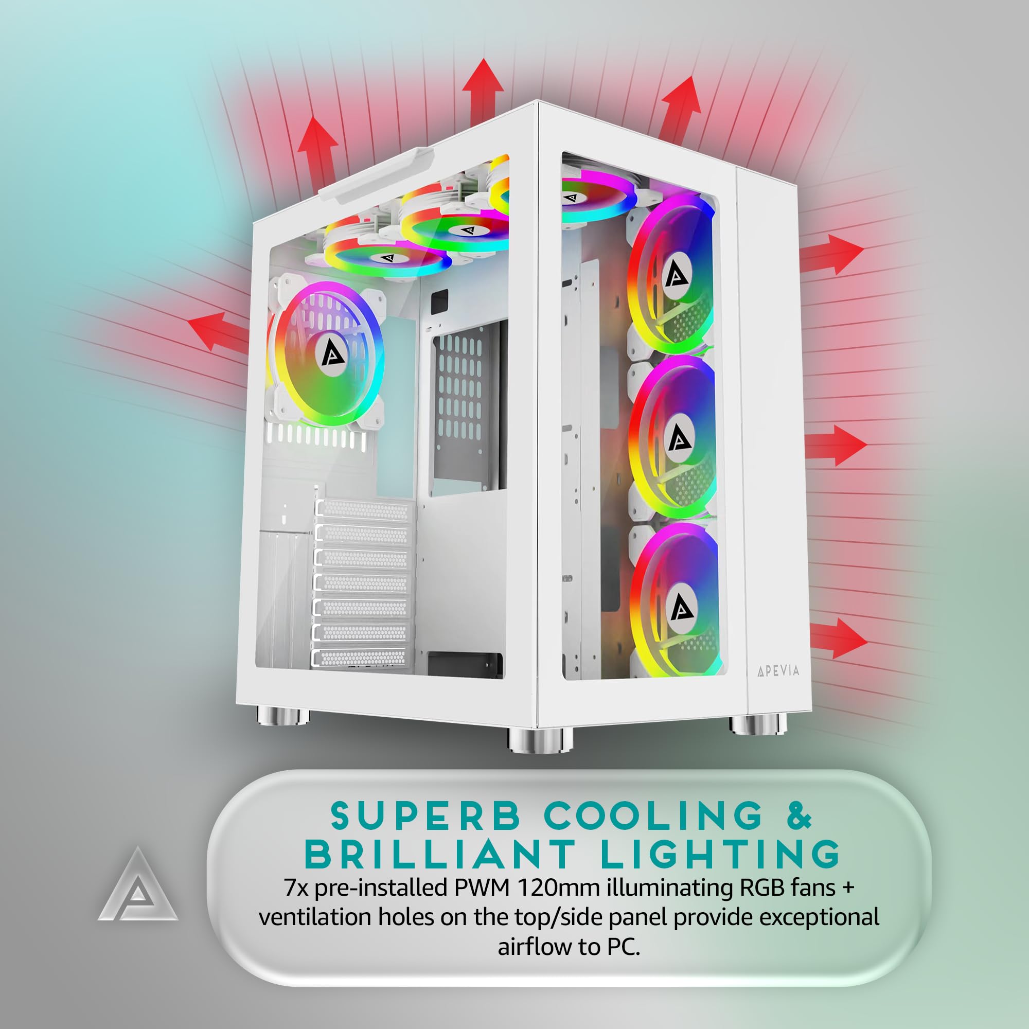 Apevia Prism-Elite-WH Prism Elite Mid Tower ATX Gaming PC Cube Case w/7 x 120 mm PWM ARGB ventole, 366 modalità RGB, doppio pannello in vetro temperato, supporto radiatore 360 mm, 2 x USB 3.0, 2 x USB