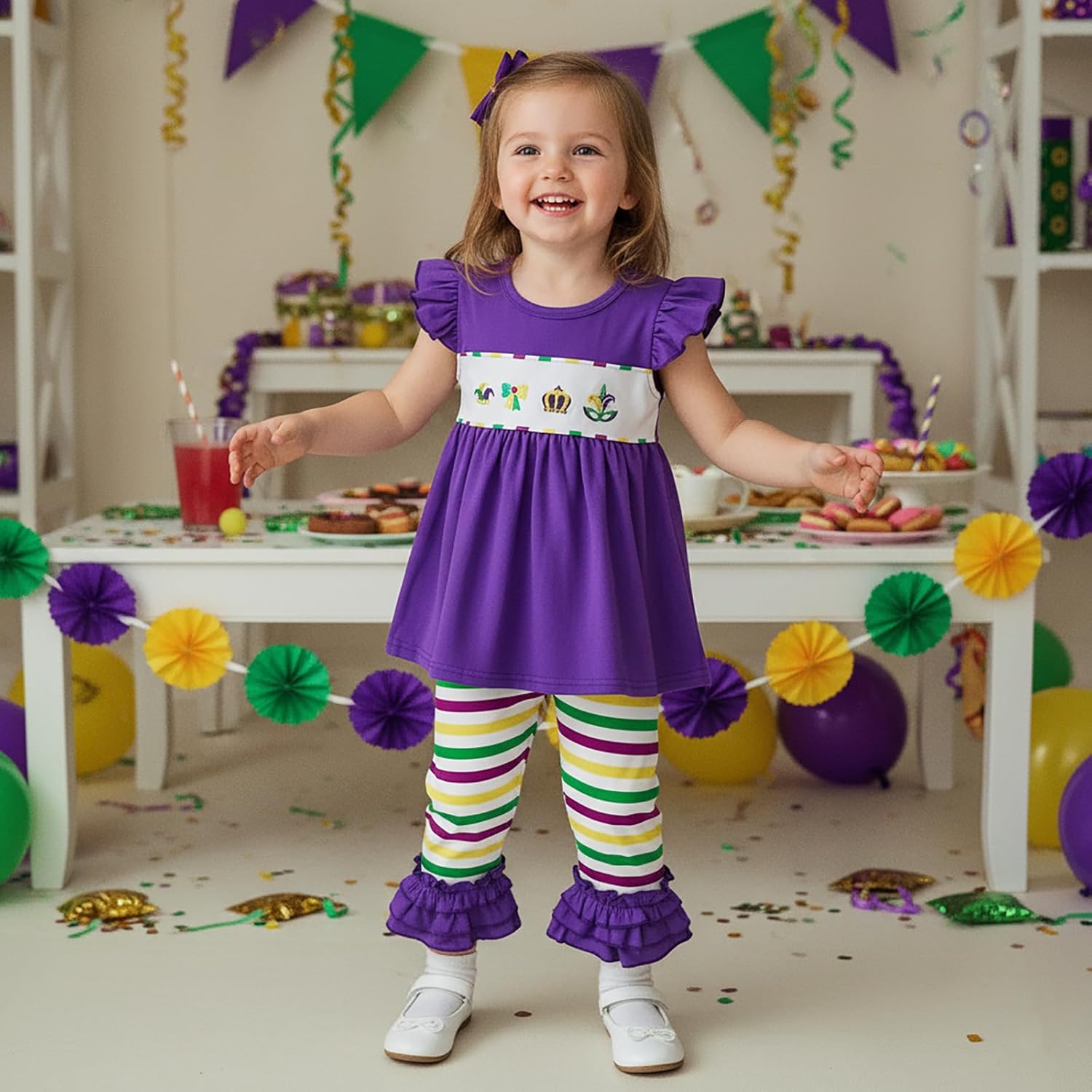 Toddler Girl Mardi Gras Outfit Embroidery Ruffle Flutter Sleeve Tunic Dress Top Stripes Ruffle Pants 2 Piece Clothes - Image 4
