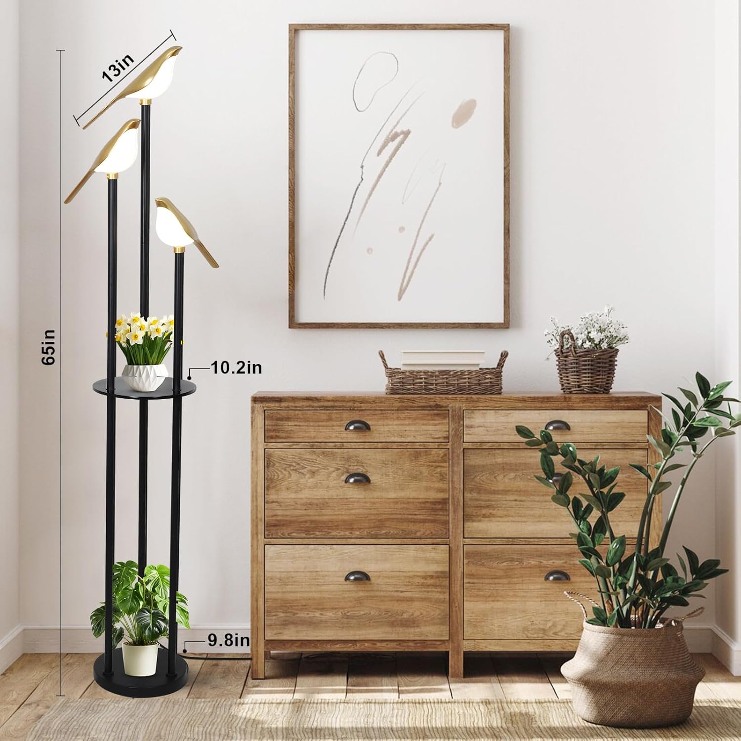 Black and Gold Floor Lamp, Bird Floor Lamp with Shelves, Modern floor Lamps for Living Room, 3-Light Corner Standing Lamp, LED Stand Up Lamp, Tall Lamp for Bedroom, Office, Cute Lighting Decor