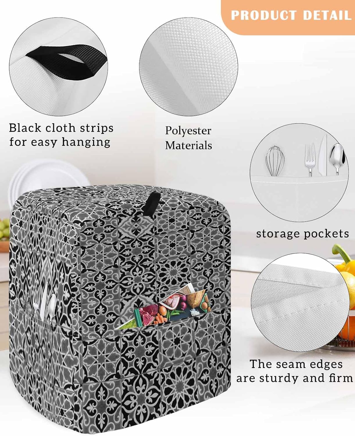 Black Morocco Stand Mixer Cover with Storage Pocket, Waterproof Kitchen Mixer Covers, Traditional Tribal Abstract Geometric Art Kitchen Appliance Dust Cover Compatible with 5-8 Quart Mixers