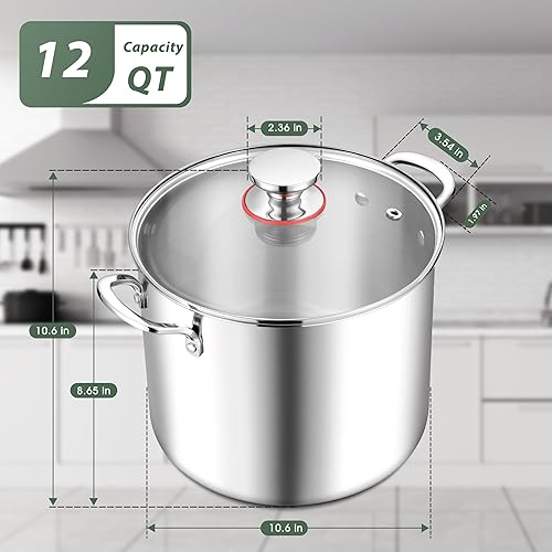 Miniatura 5 de Herogo Olla de acero inoxidable 1810 de 12 cuartos de galón con tapa, olla grande y resistente compatible con cocinas eléctricas, de gas, de
