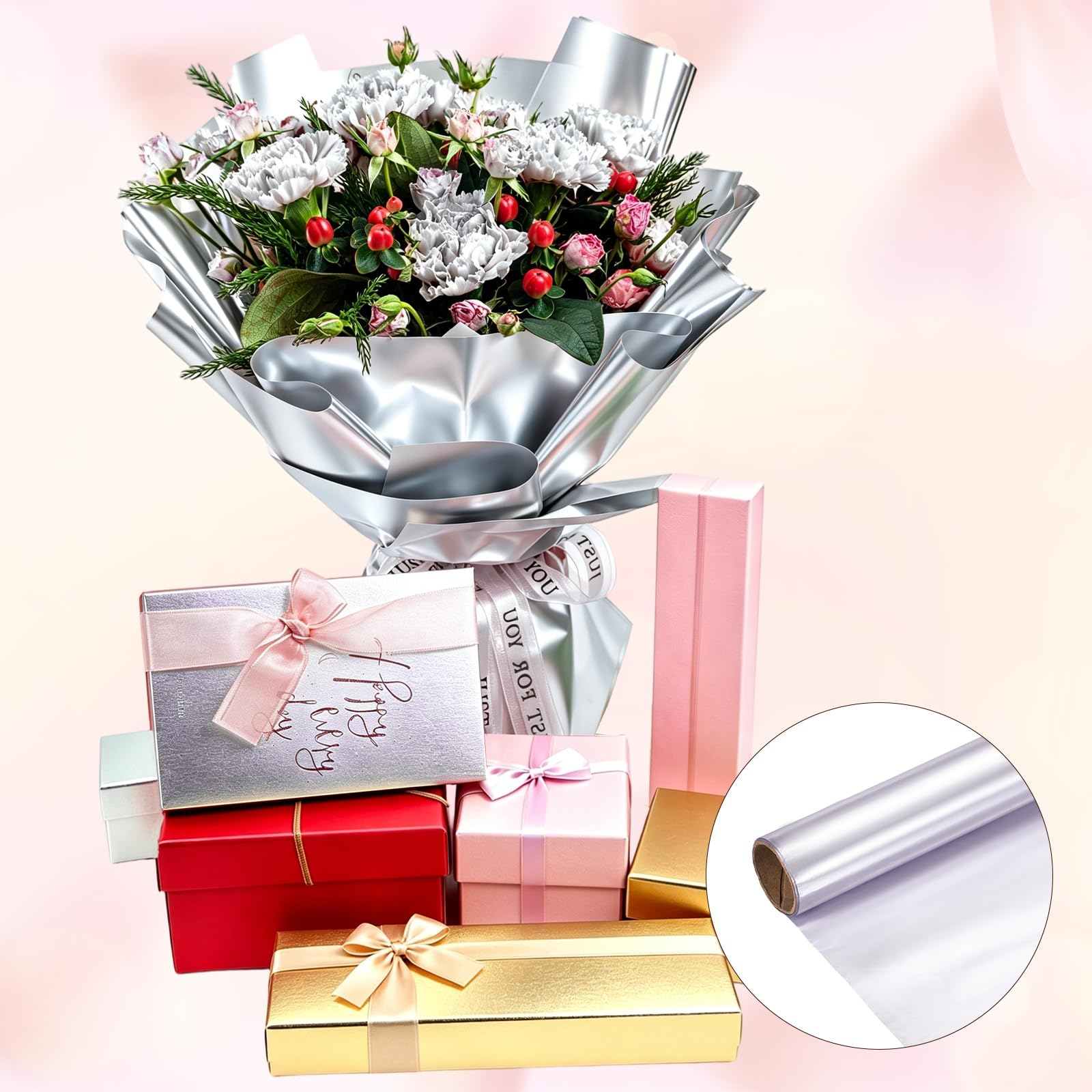 M METERXITY Confezione da 2 rotoli di carta da regalo floreale, 45 cm x 60 m, carta da regalo per matrimoni, compleanni, San Valentino, tea party, carta da regalo [rosa viola]