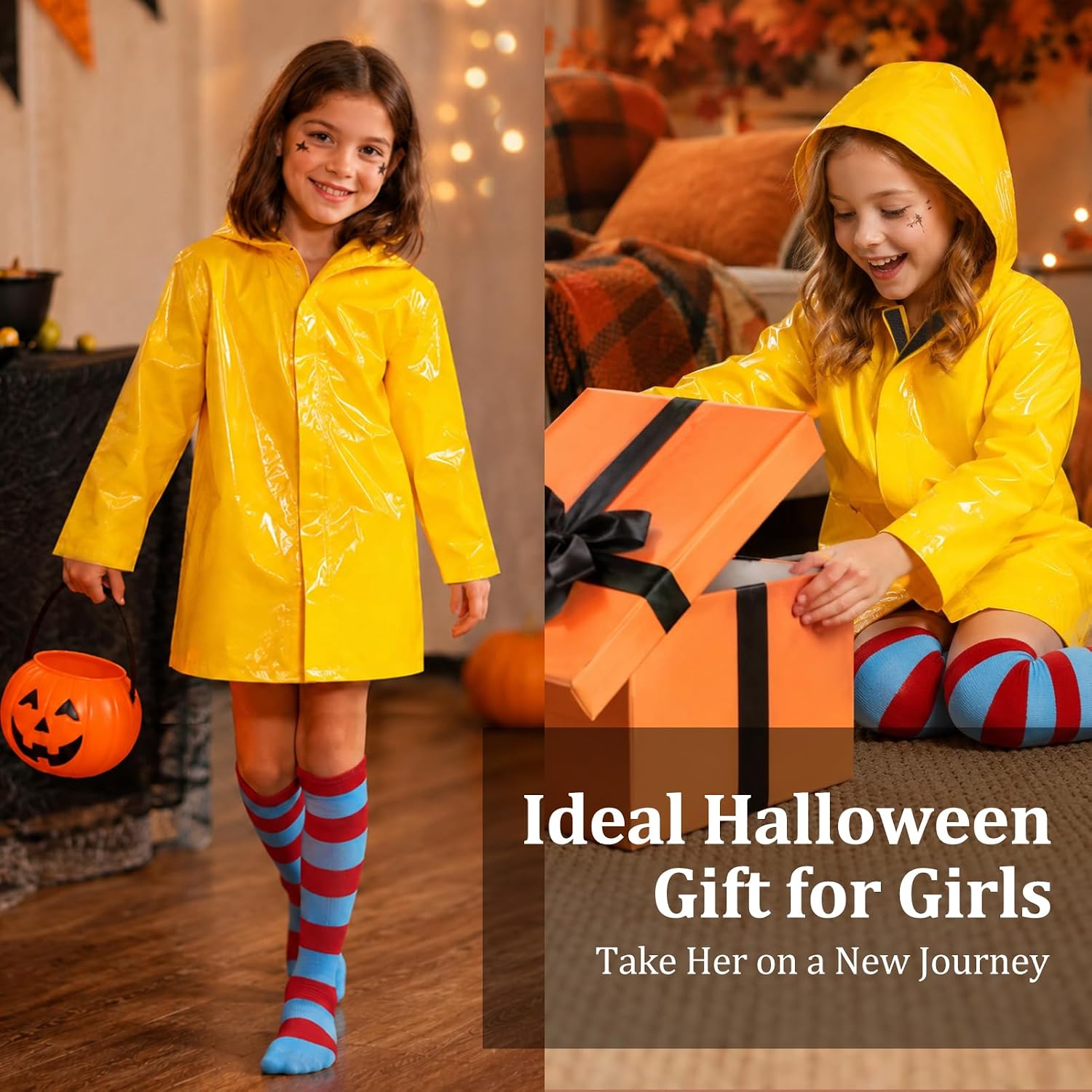 Girls Yellow Raincoat Blue Striped Knee High Socks, Kids Halloween Dress Up