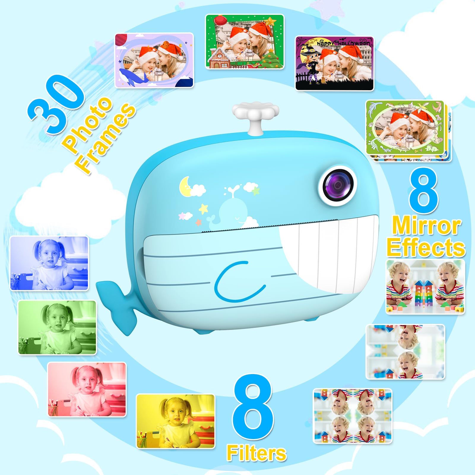 Ushining Camara Fotos Infantil Instantanea, 10X Zoom 1080P Videocámara Cámara Instantánea Niños con Pantalla de 2,4 Pulgadas Papel de Impresión y Tarjeta TF de 32GB, Regalos para Niños y Niñas, Azul