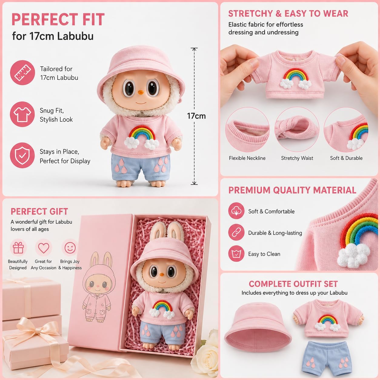 Rainbow Outfit Compatible with 17cm Labubu - Colorful Clothes for Big into Energy Labubu, Doll Costume, Soft Fabric, Easy to Dress,DIY Outfit Accessories Gift for Friend & Fans(Pink Rainbow)