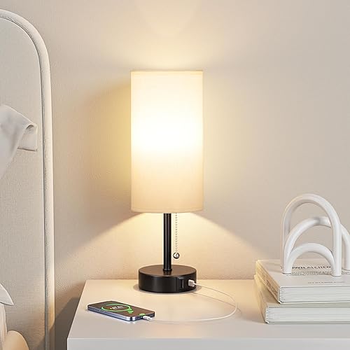 Miniatura 6 de Lámpara de mesita de noche blanca para mesita de noche de dormitorio, lámpara pequeña con puerto de carga USB A + C, 3 temperaturas de color, cadena