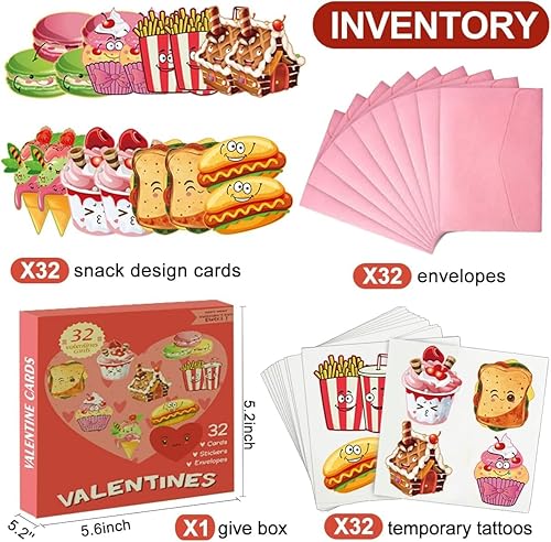 Miniatura 3 de 32 tarjetas de San Valentín para intercambio de aula para niños, incluye 32 sobres rosas y 32 calcomanías, tarjetas con gráficos temáticos de papas
