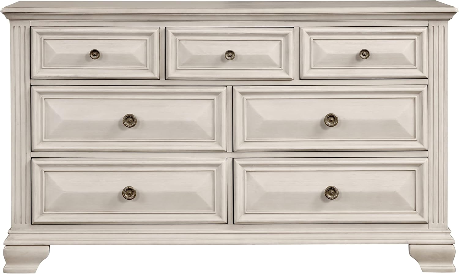 Roundhill Furniture Renova Distressed Parchment Wood Bedroom Set, Panel Bed, Dresser, Mirror, Nightstand, Queen
