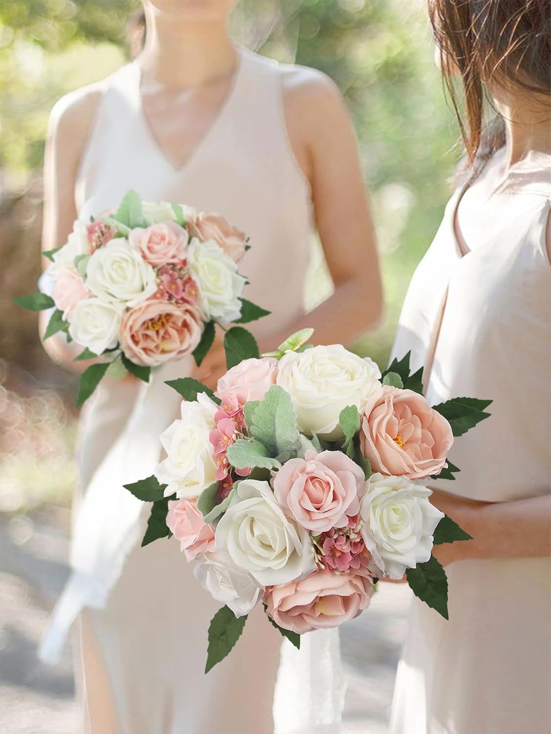 Rinlong 1Pc Pink White Bridesmaids Bouquet Artificial Wedding Bouquets for Bridesmaid Silk Bouquet for Wedding Prom Homecoming