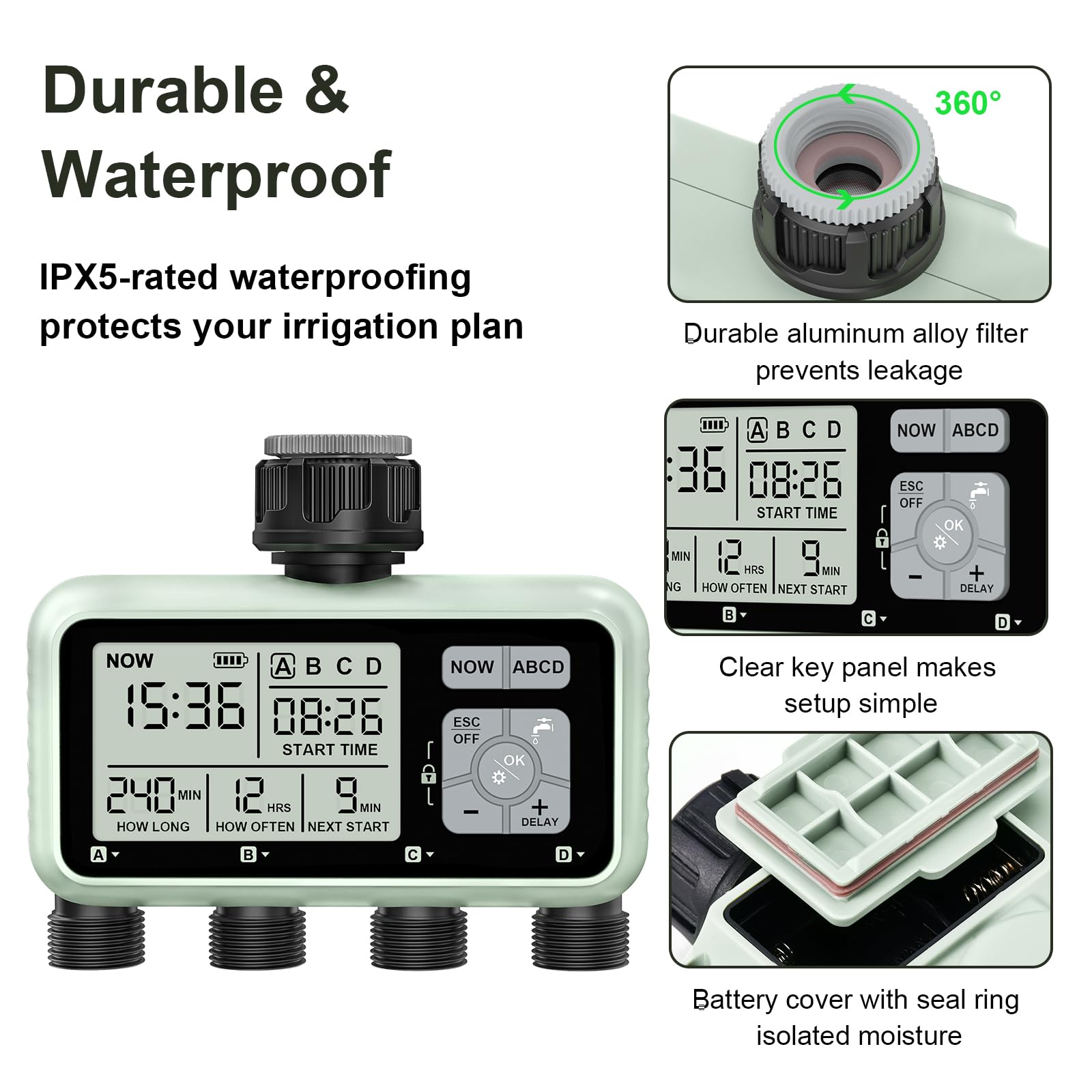 Johgee Ordinateur d'irrigation avec 4 Sorties contrôlées indépendamment, minuterie d'irrigation numérique avec écran LCD, contrôle d'irrigation Automatique/Manuel