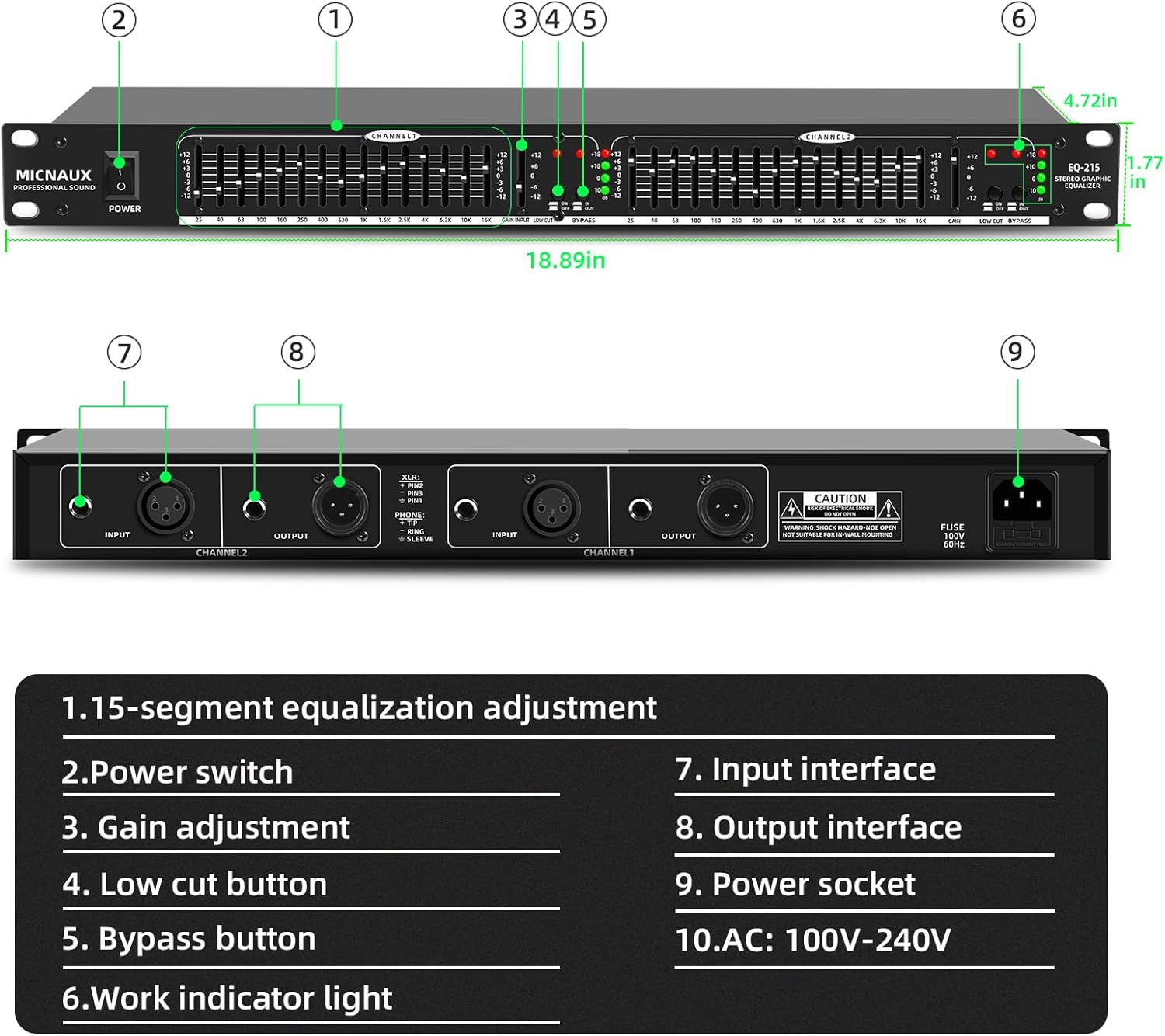 Stereo Equalizer for Home Audio System, Dual Channel 15-Band Graphic Equalizer Professional Rack Mount DJ EQ, Noise Reduction - EQ215