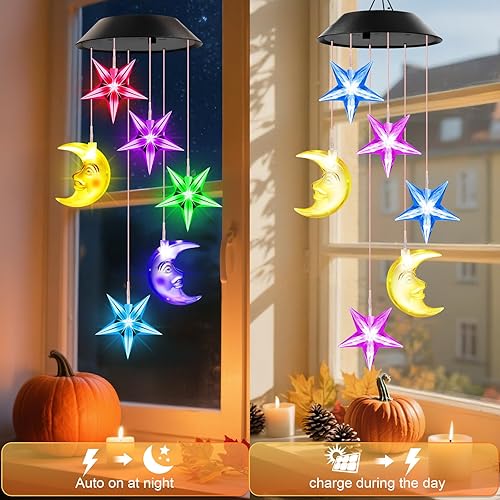 Miniatura 5 de Winzwon - Campanillas de viento con luces solares de lunas y estrellas para exteriores, jardín, terraza, pórtico, decoración colgante para Navidad y