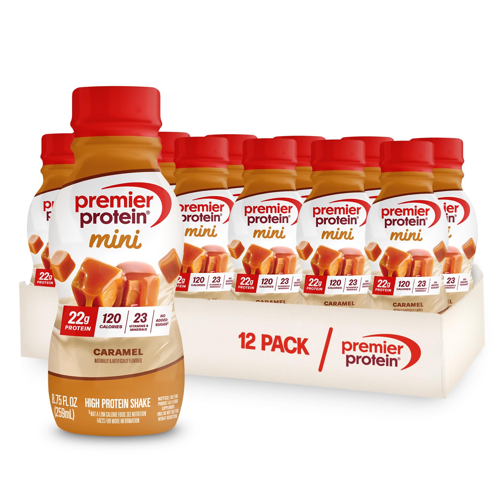 Premier Protein Shake MINIs, Caramel, 22g Protein, 120 Calories, No Added Sugar, 8.75 fl oz, 12 Pack (Packaging May Vary)