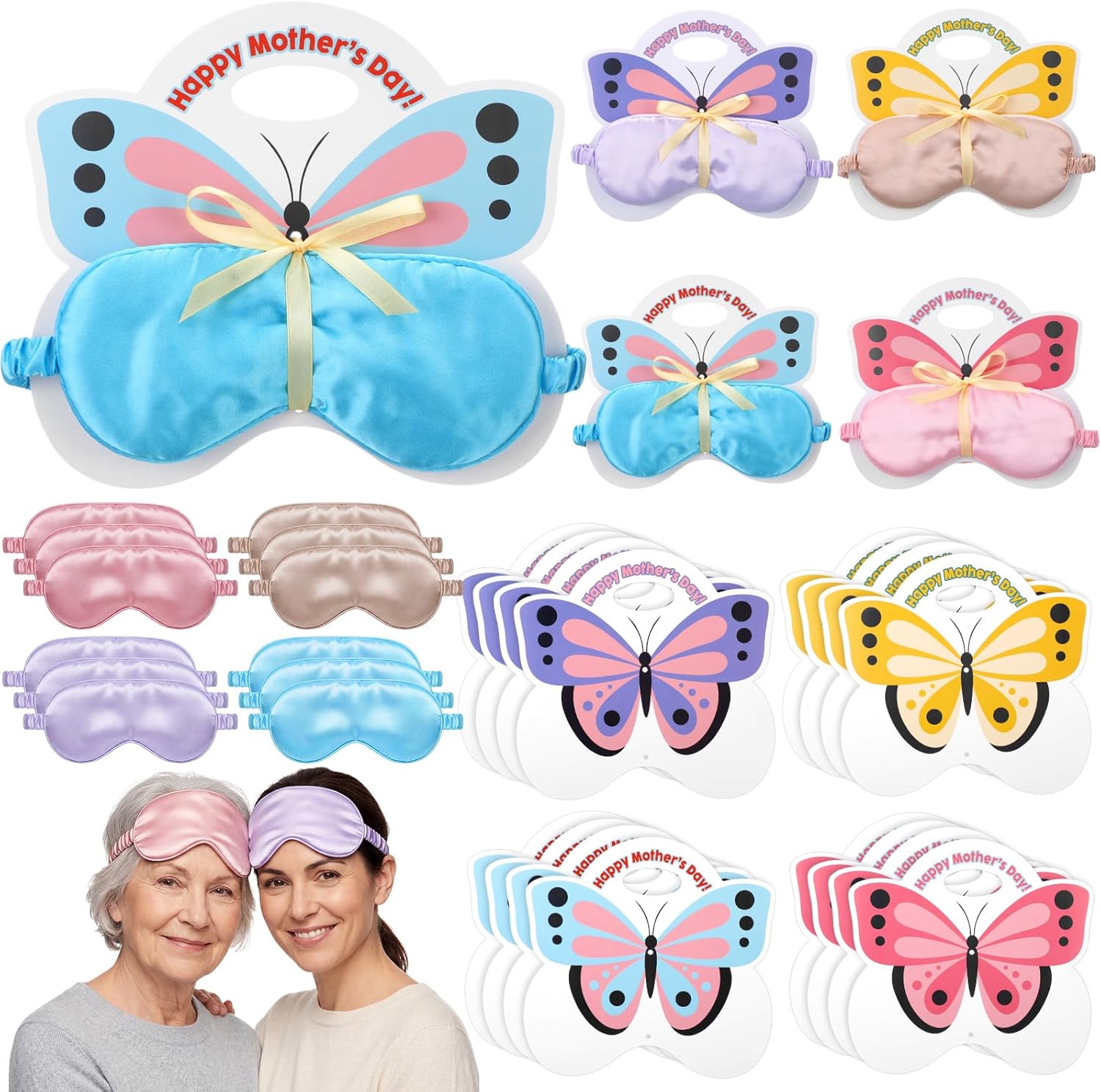 24 Sets Mothers Day Gifts Sleep Mask for Mom Grandma with Butterfly Card Soft Sleep Eye Mask Ribbon Happy Mother's Day Party Favor for Mom DIY Crafts Activity Party Supplies