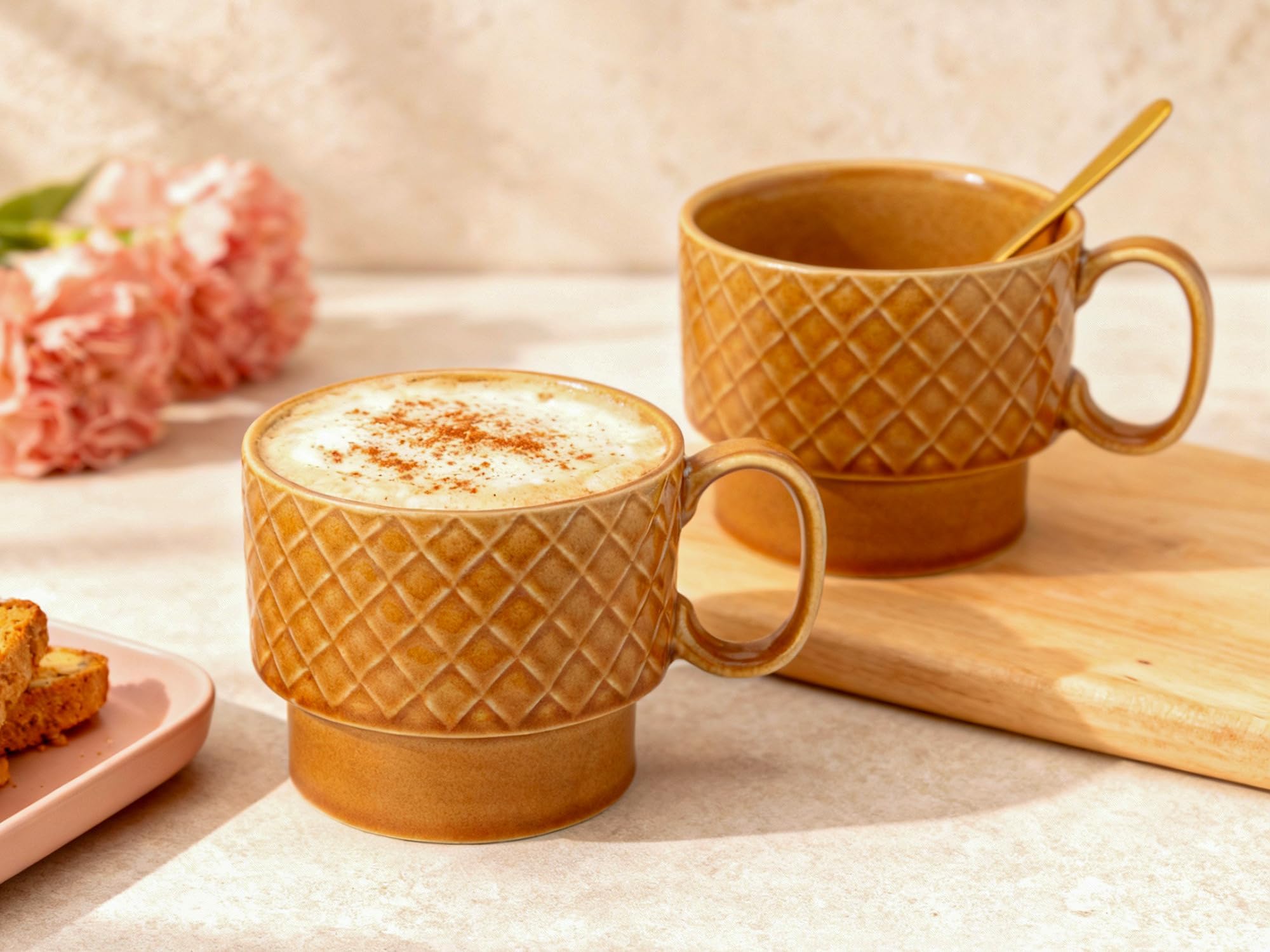 Stackable Ceramic Soup and Coffee Mug, Glossy Finish Microwave Safe Bone Ash Free Mug for Gifting, Ideal for Maggi, Cappuccino, Latte, Green Tea (500Ml, Golden Brown) | Pack of 2
