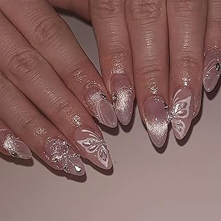 LunarCharm 24 Stück Katzenaugen-Press-on-Nägel kurze mandelförmige Kunstnägel Schmetterlings-Strass-Designs Acrylgel zum Aufkleben der Nägel für Frauen
