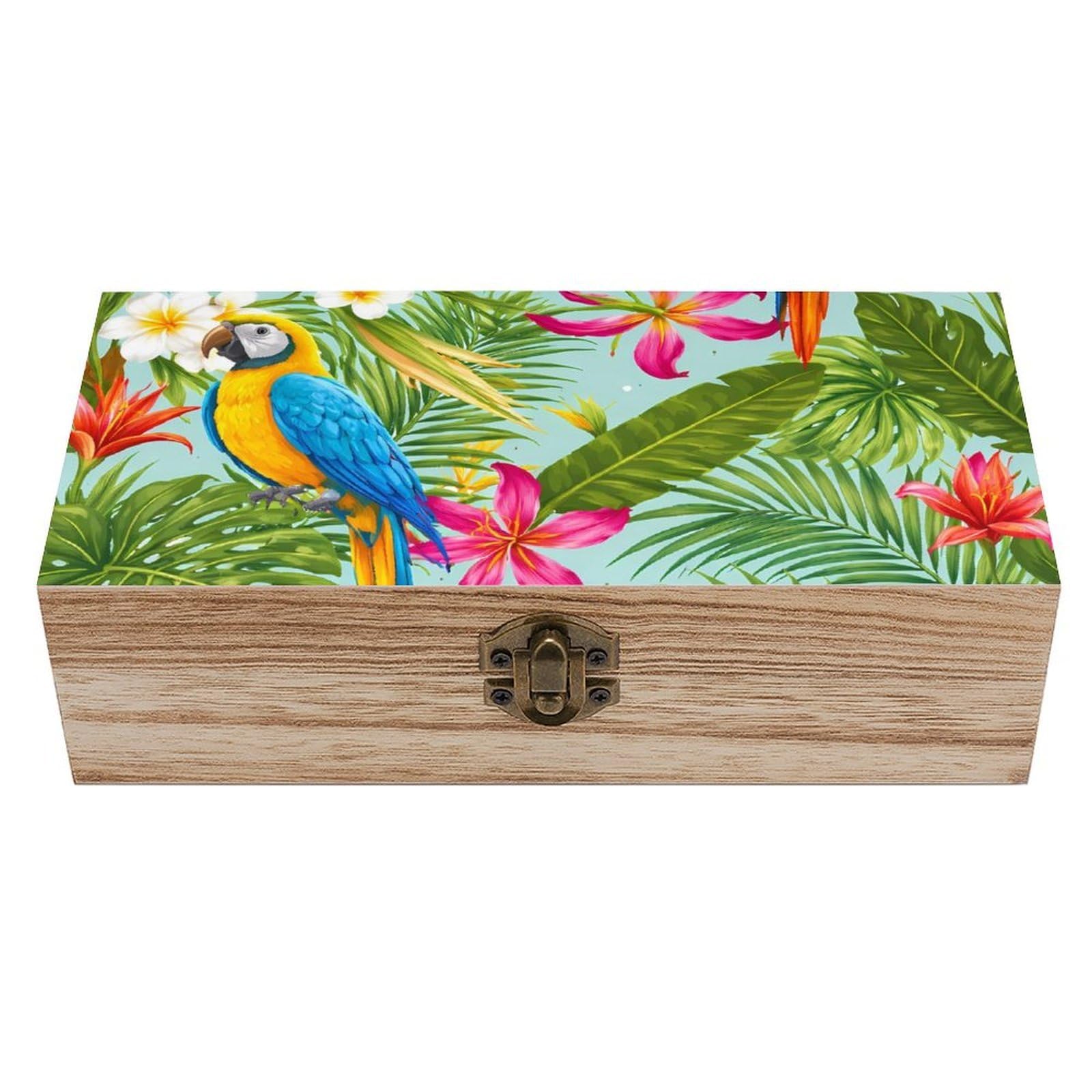 SMAZDFXX Tropical Plants And Parrots Wooden Storage Box With Hinged Lid Decorative Front Clasp Keepsake Boxes