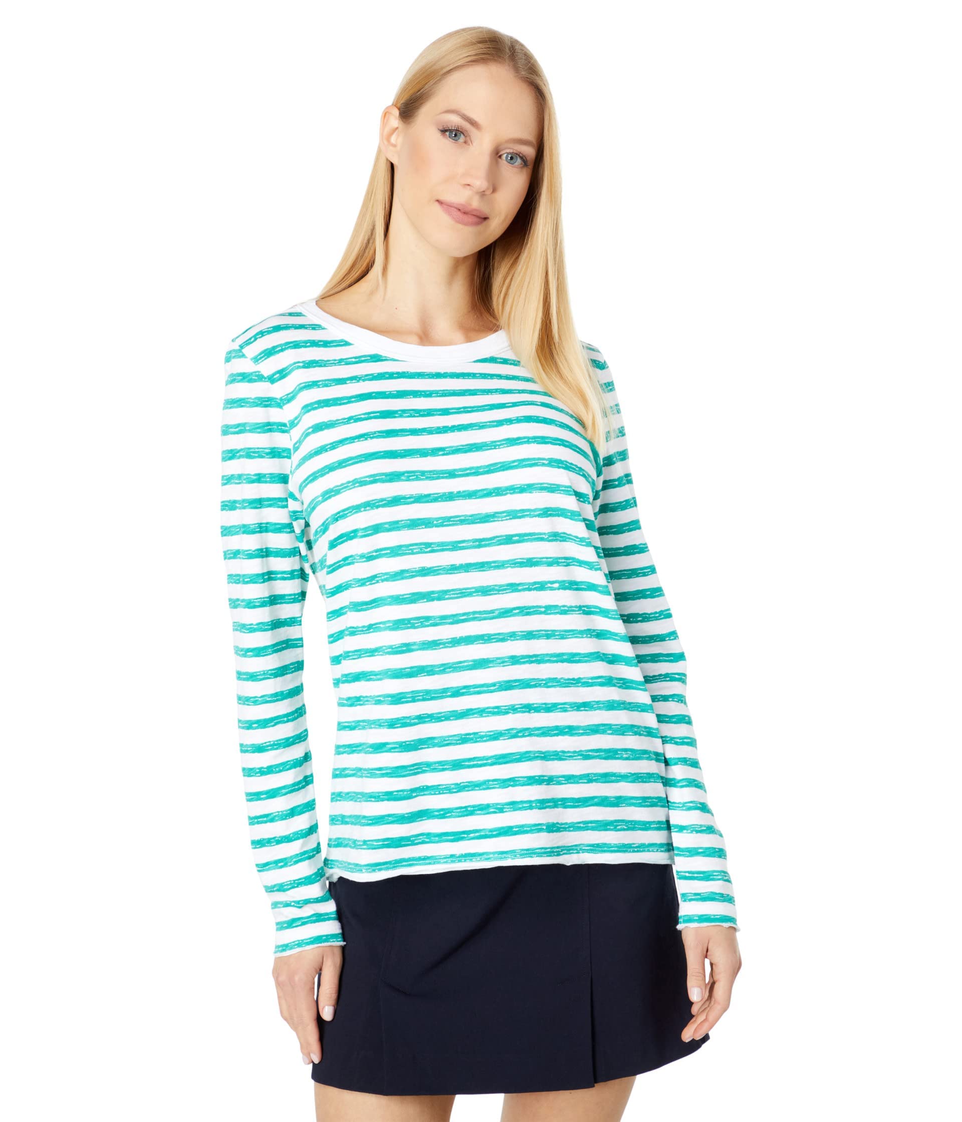 Elliott LaurenBroken Stripe Crew Neck Striped Top with Raw Edge Detail