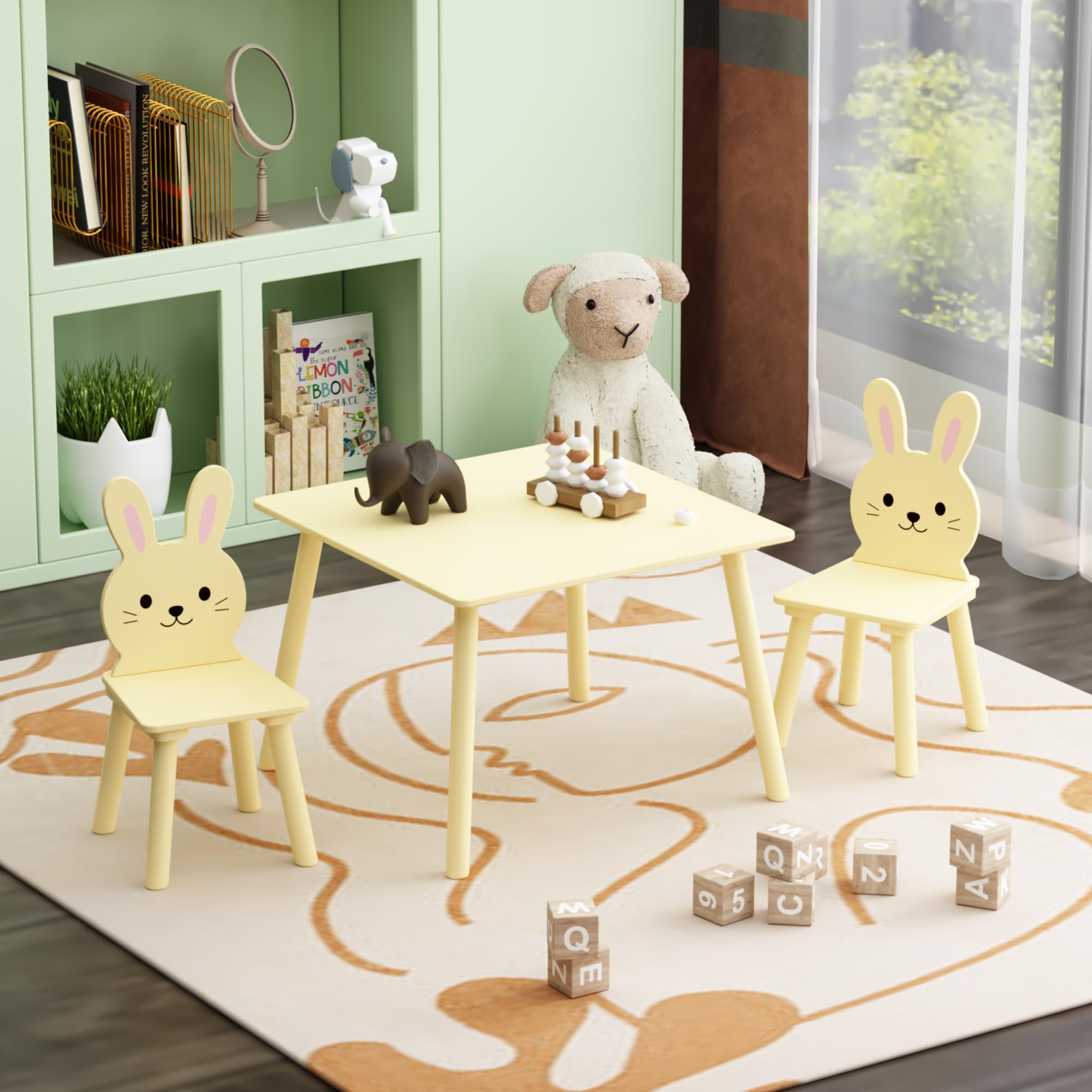 Cute Wood Table with 4 Chairs Set, 5 Piece Cartoon Animals Wood Drawing Play Table and Chair Set Activity Tables for Home, Nursery, Kindergarten (Yellow)