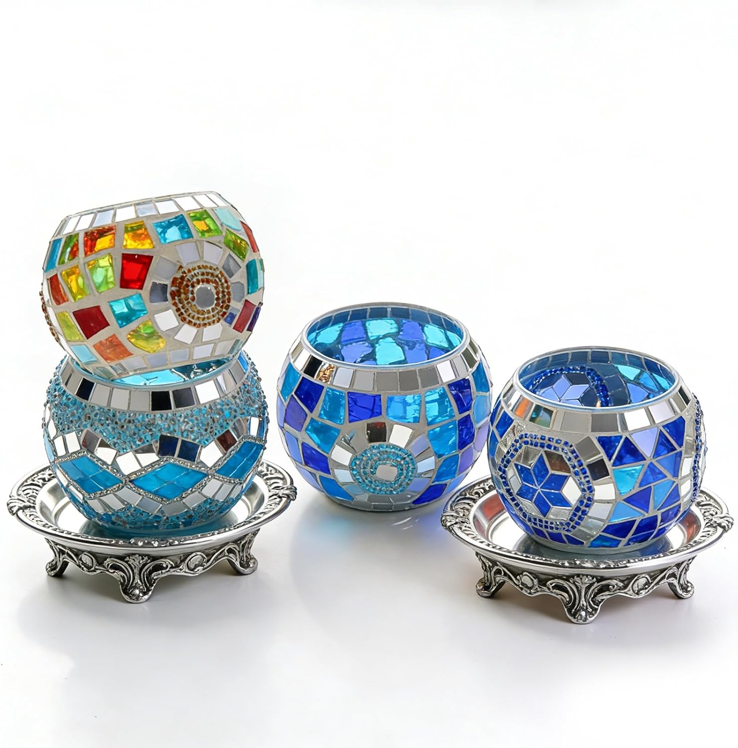4PCS Mosaic Tealight Candle Holder Set - Blue Mediterranean Glass Votive Candle Holder for Summer Ocean Decor & Diwali Decorationr & Diwali Gift image 2